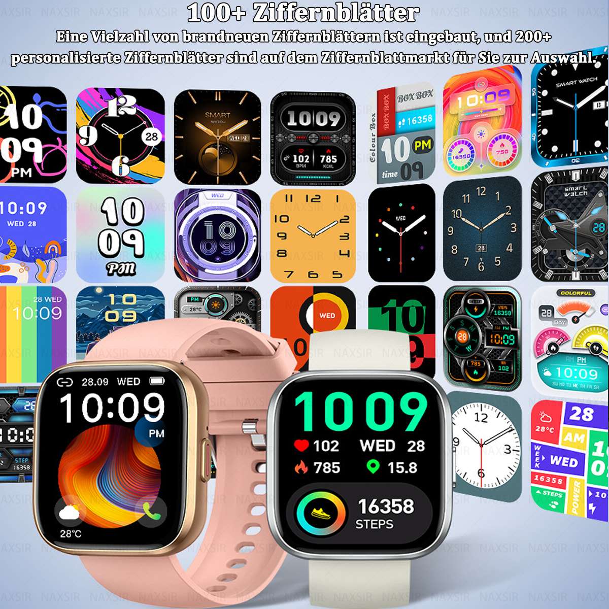 Sammlung von Smartwatch-Bildschirmen mit verschiedenen Designs und Farben.