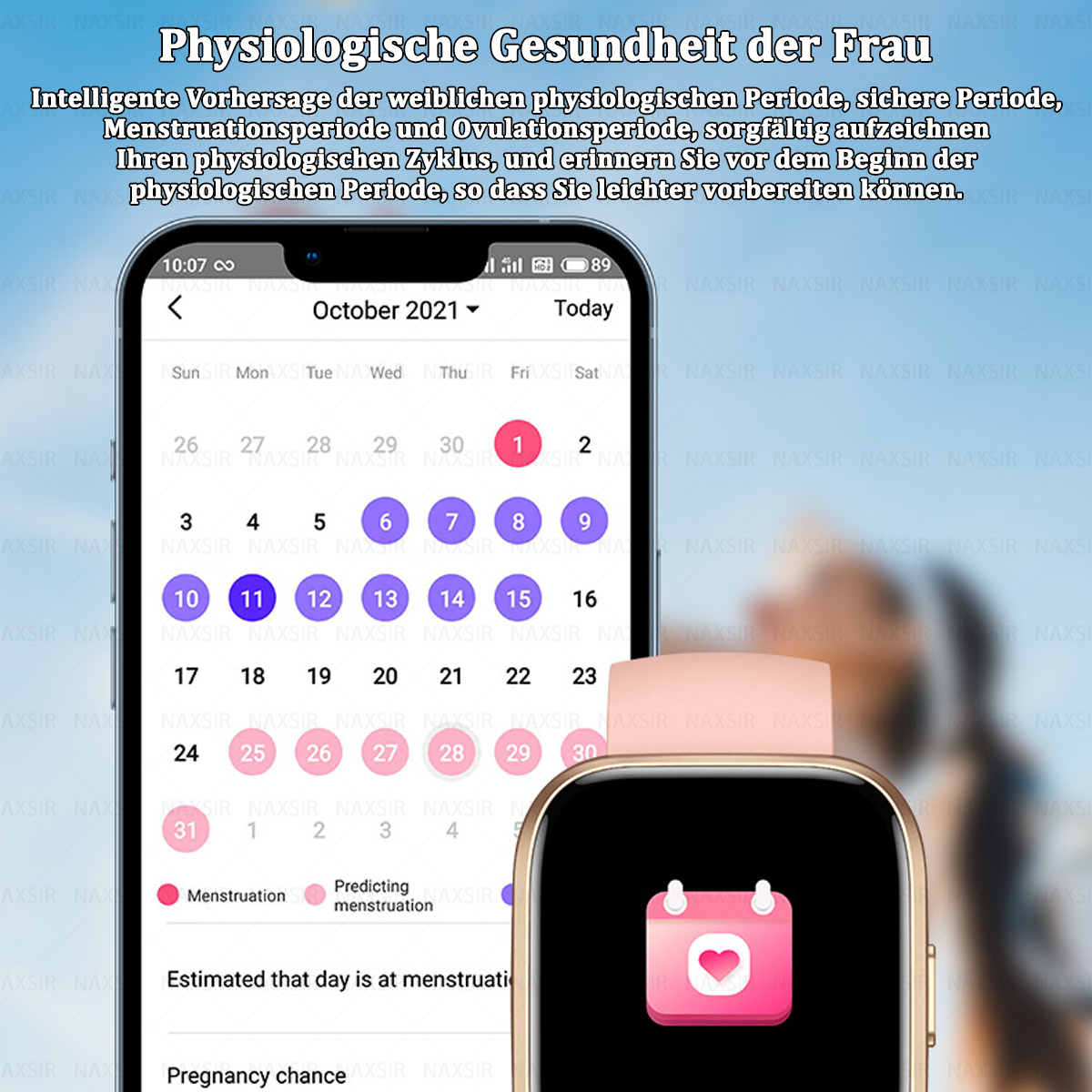 Ein Smartwatch-Bildschirm mit Kalender und Menstruationsvorhersage. Text auf Deutsch oben. Ein rosa Herzsymbol ist sichtbar.
