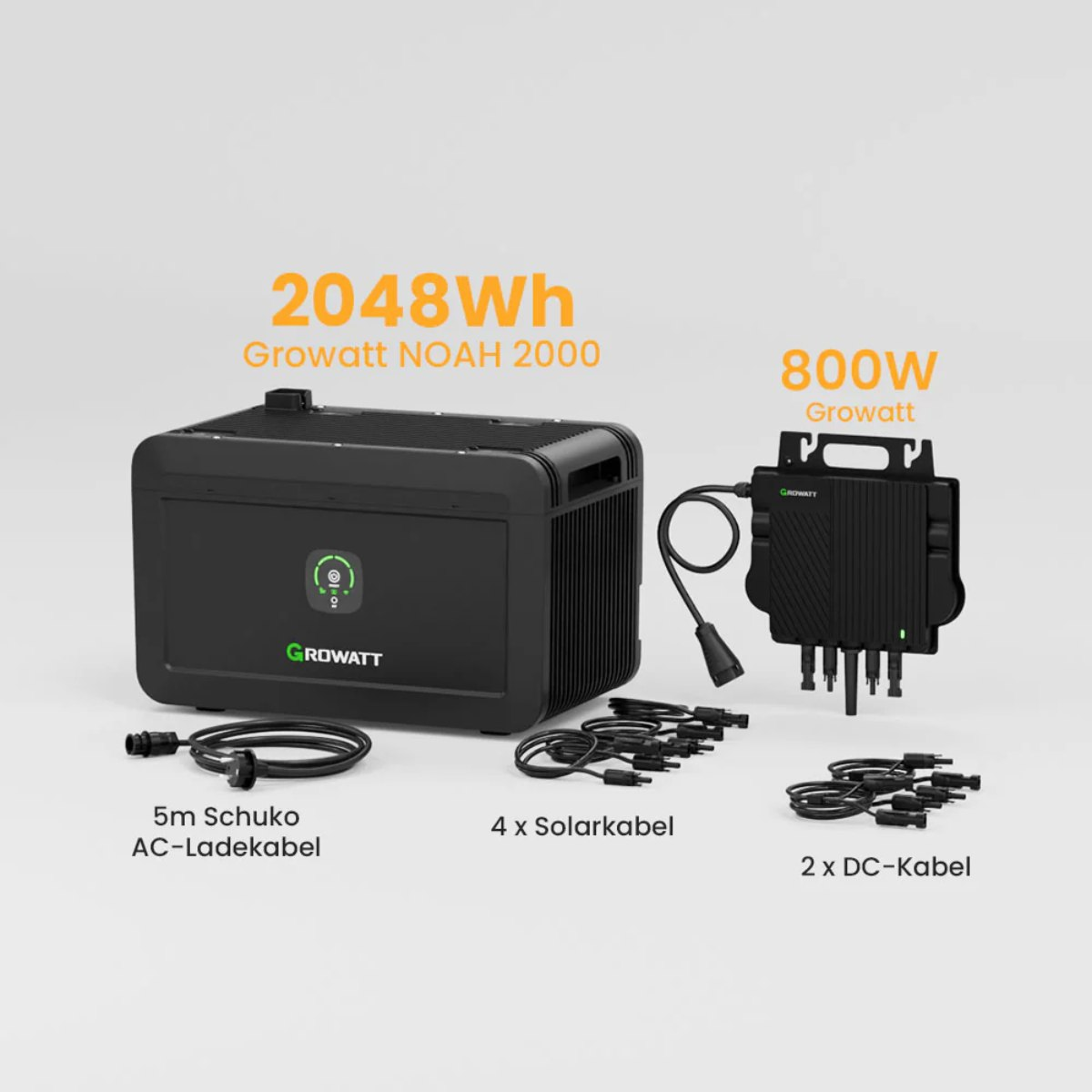A black inverter with cables and accessories, accompanied by descriptive text.