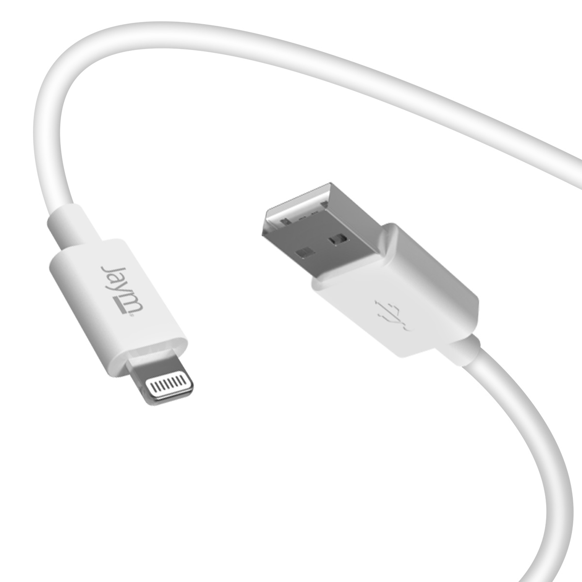 Un câble USB vers Lightning blanc, avec connecteur Lightning et connecteur USB, isolé sur fond blanc.