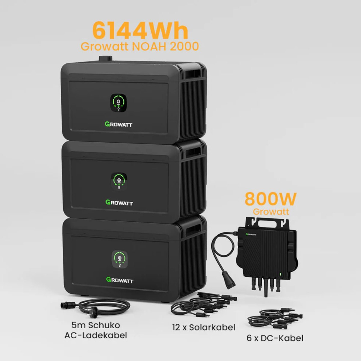 Trois centrales électriques Growatt noires empilées, avec un onduleur et des câbles, et du texte indiquant la puissance.