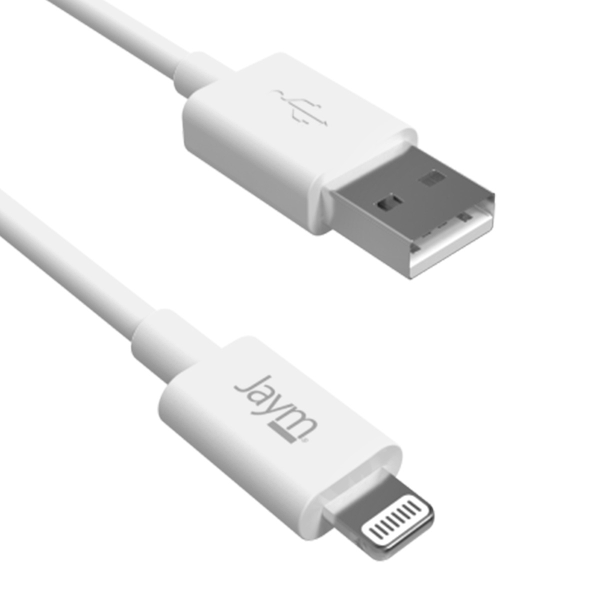 Câble USB vers Lightning blanc. L'extrémité USB est carrée, l'extrémité Lightning est rectangulaire. 'Jaym' est sur l'extrémité Lightning.