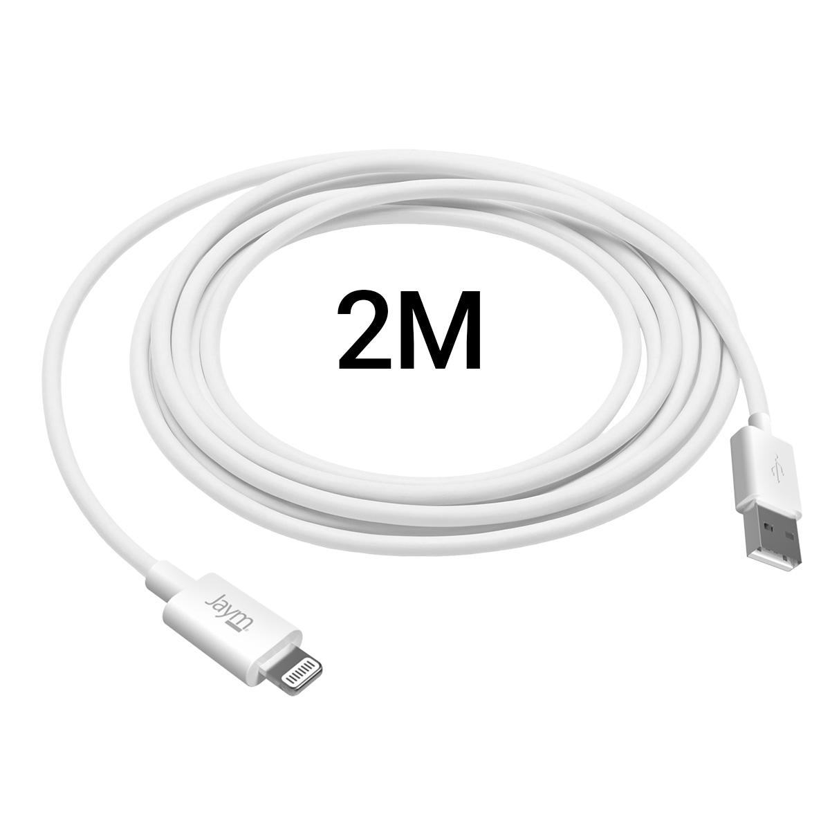 Un câble USB blanc de 2M, avec un connecteur Lightning et un connecteur USB, enroulé sur une surface blanche.