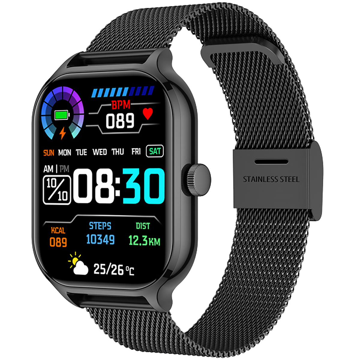 Eine schwarze Smartwatch mit schwarzem Mesh-Armband, die Gesundheitsdaten wie Schritte, Distanz und BPM anzeigt.
