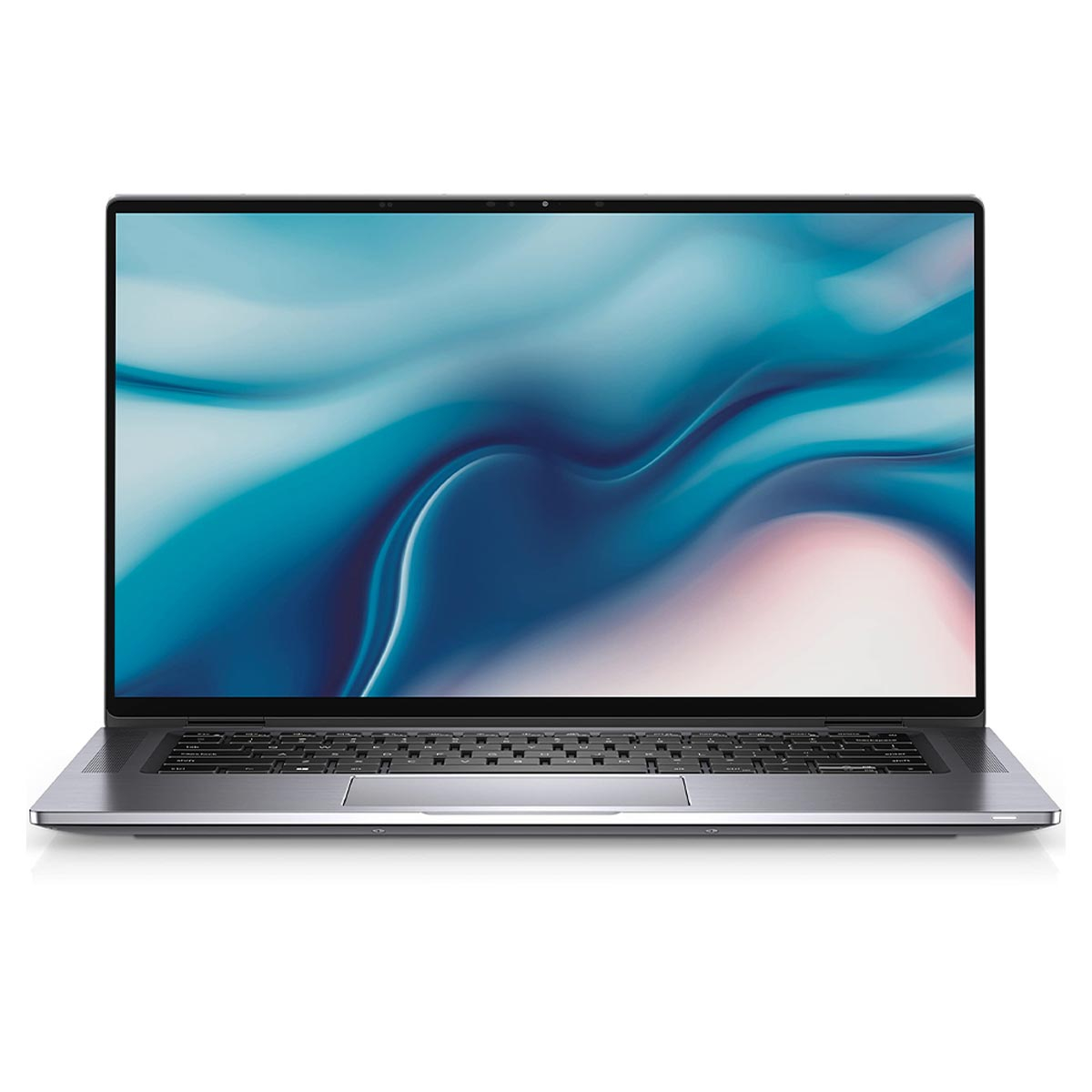 Laptop z niebiesko-białym abstrakcyjnym tłem na ekranie. Laptop jest srebrny z czarną klawiaturą.