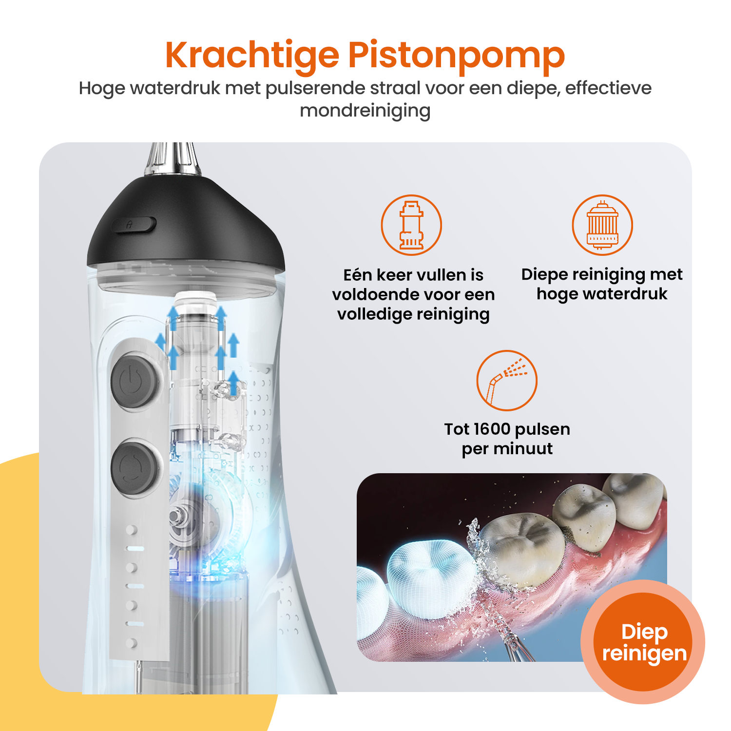 Nahaufnahme eines schwarzen Wasserflossers, der die Komponenten zeigt, mit Details zu Wasserdruck und Reinigung.