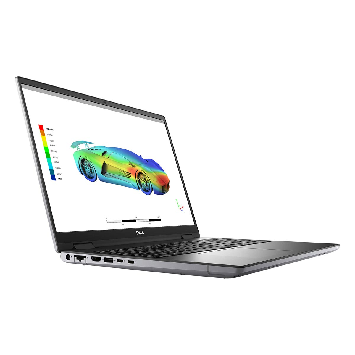 Laptop Dell wyświetlający symulację projektu samochodu. Czarna klawiatura, otwarta pod kątem. Białe tło.