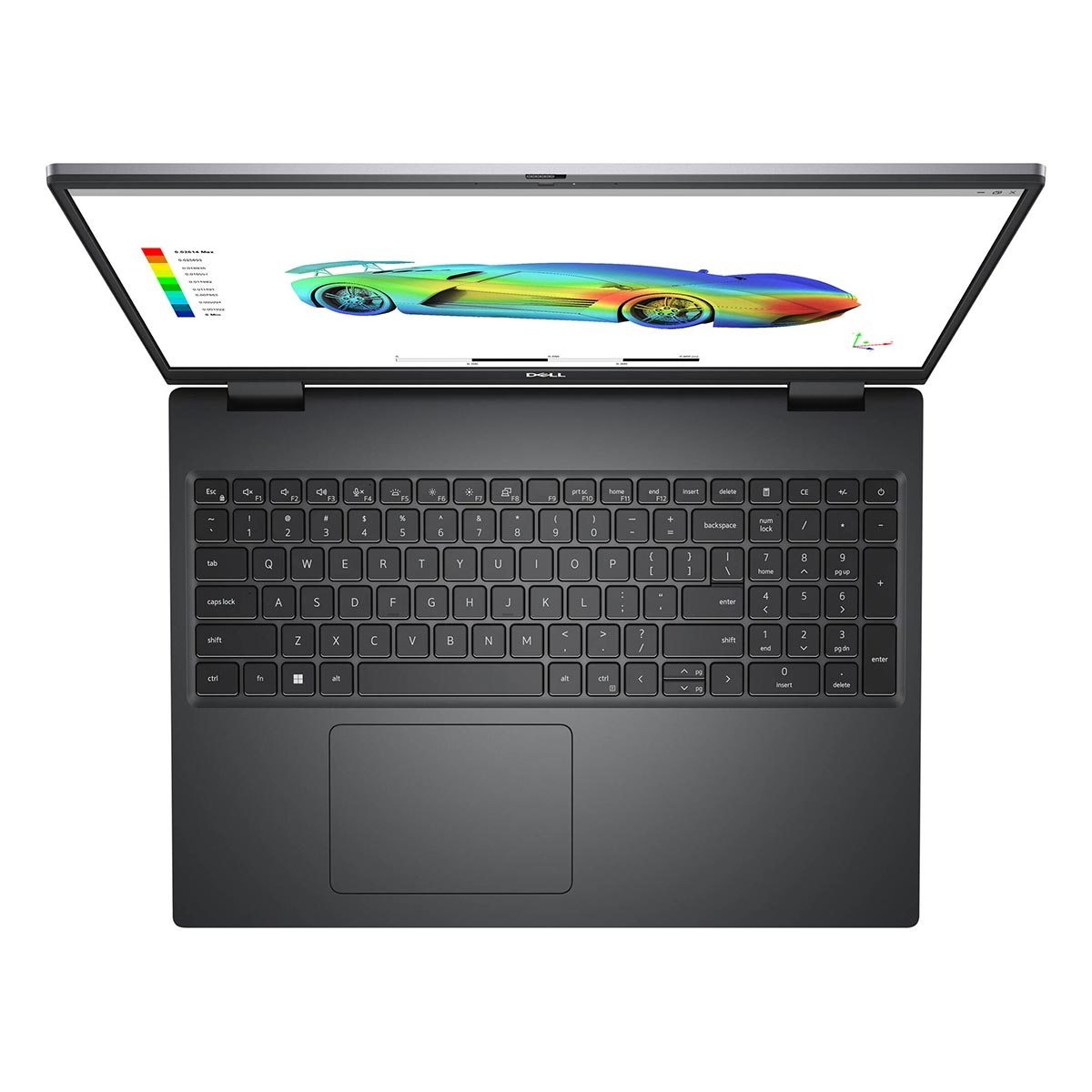 Laptop, widok z góry, otwarty. Czarna klawiatura, symulacja samochodu na ekranie. Białe tło.