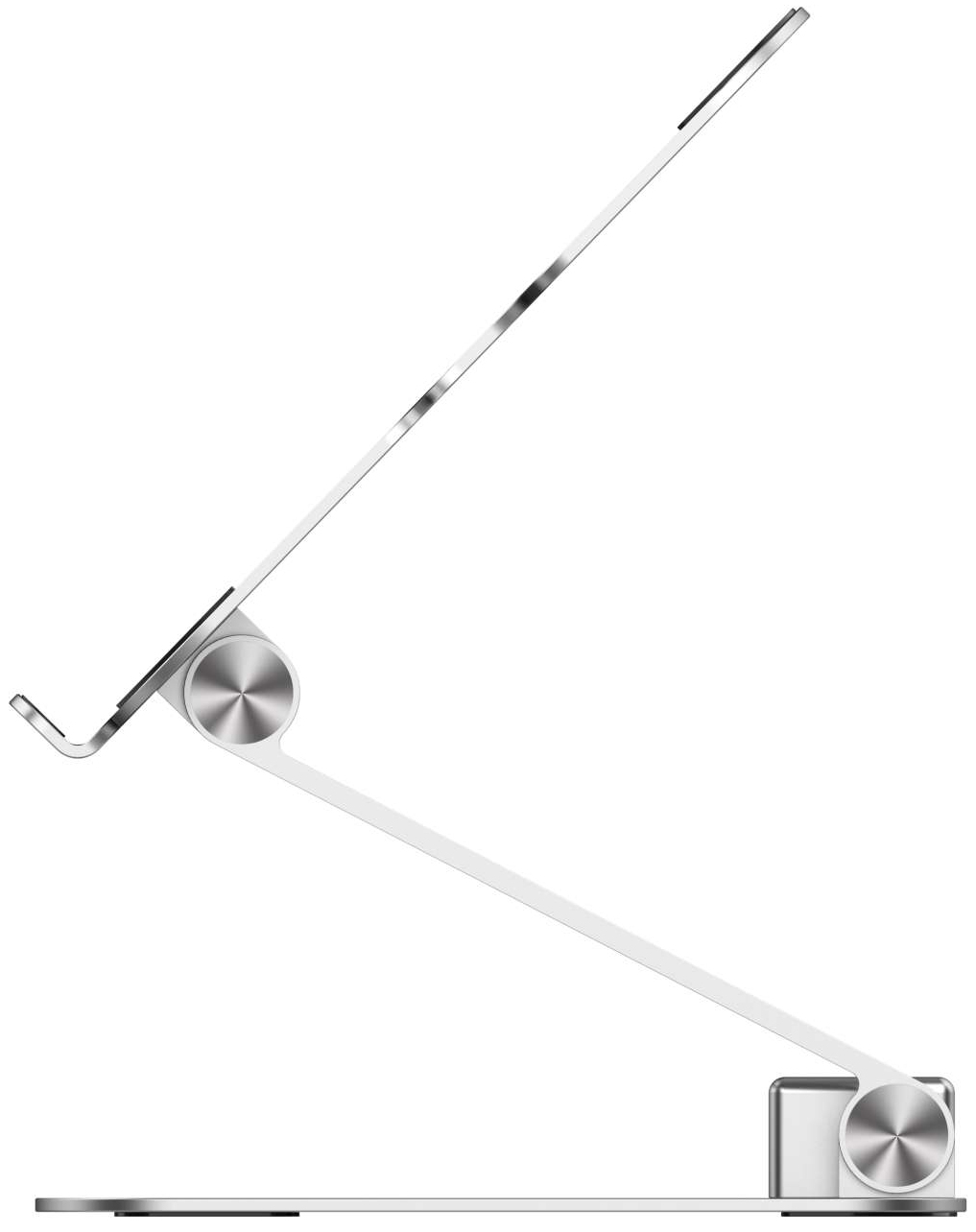 Laptop-Ständer, Seitenansicht, silber. Höhenverstellbar. Weißer Hintergrund.