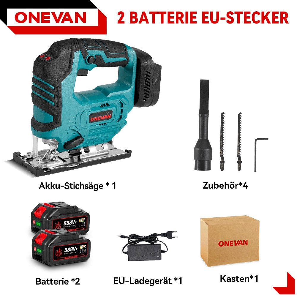 Ein Akku-Stichsägenset mit Zubehör, Akkus und Ladegerät vor einem weißen Hintergrund.