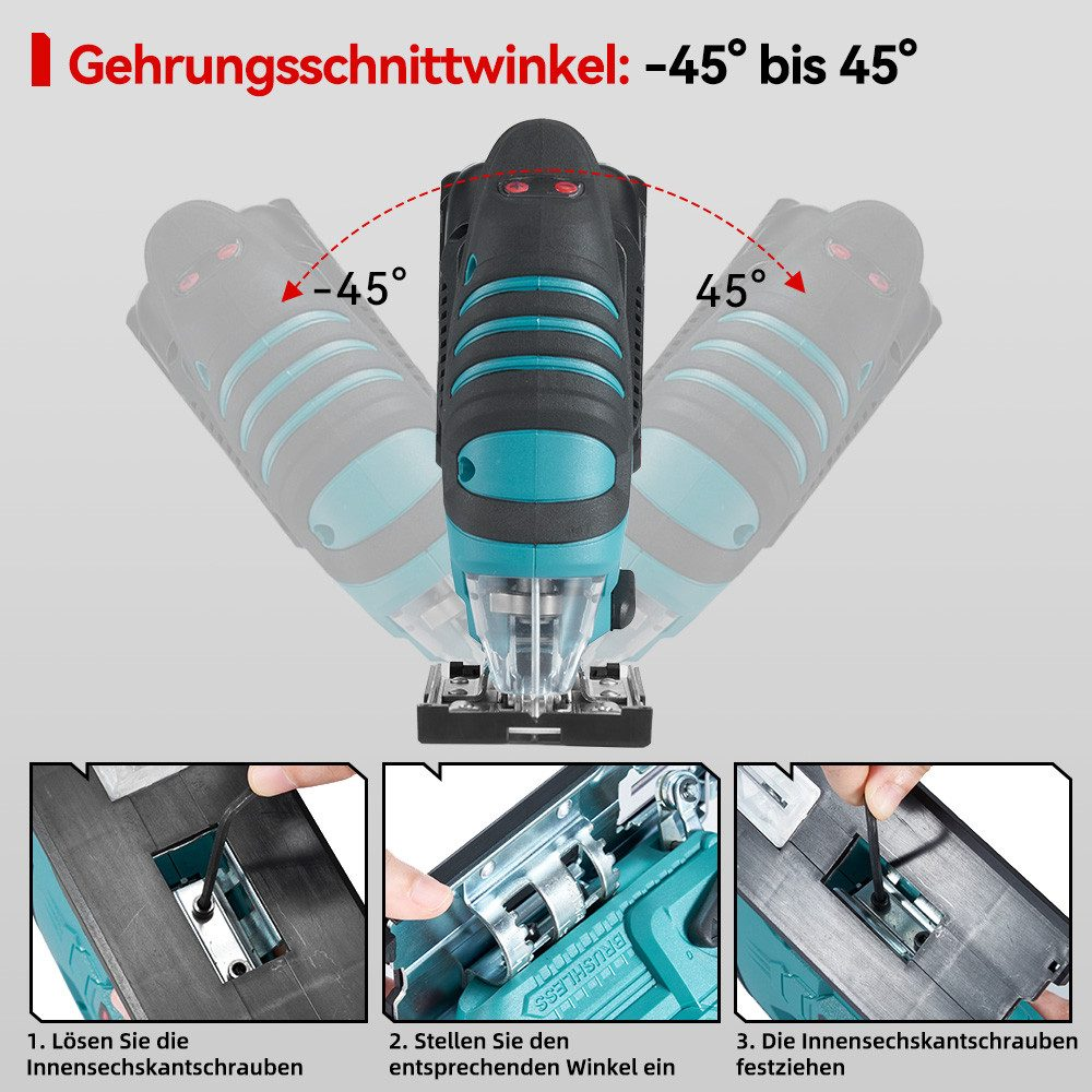 Eine Stichsäge mit Anweisungen zur Winkeleinstellung und zum Klingenwechsel wird gezeigt.
