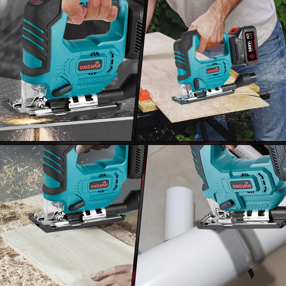 Eine Collage zeigt eine Stichsäge, die Metall, Holz, Sperrholz und PVC-Rohre schneidet.