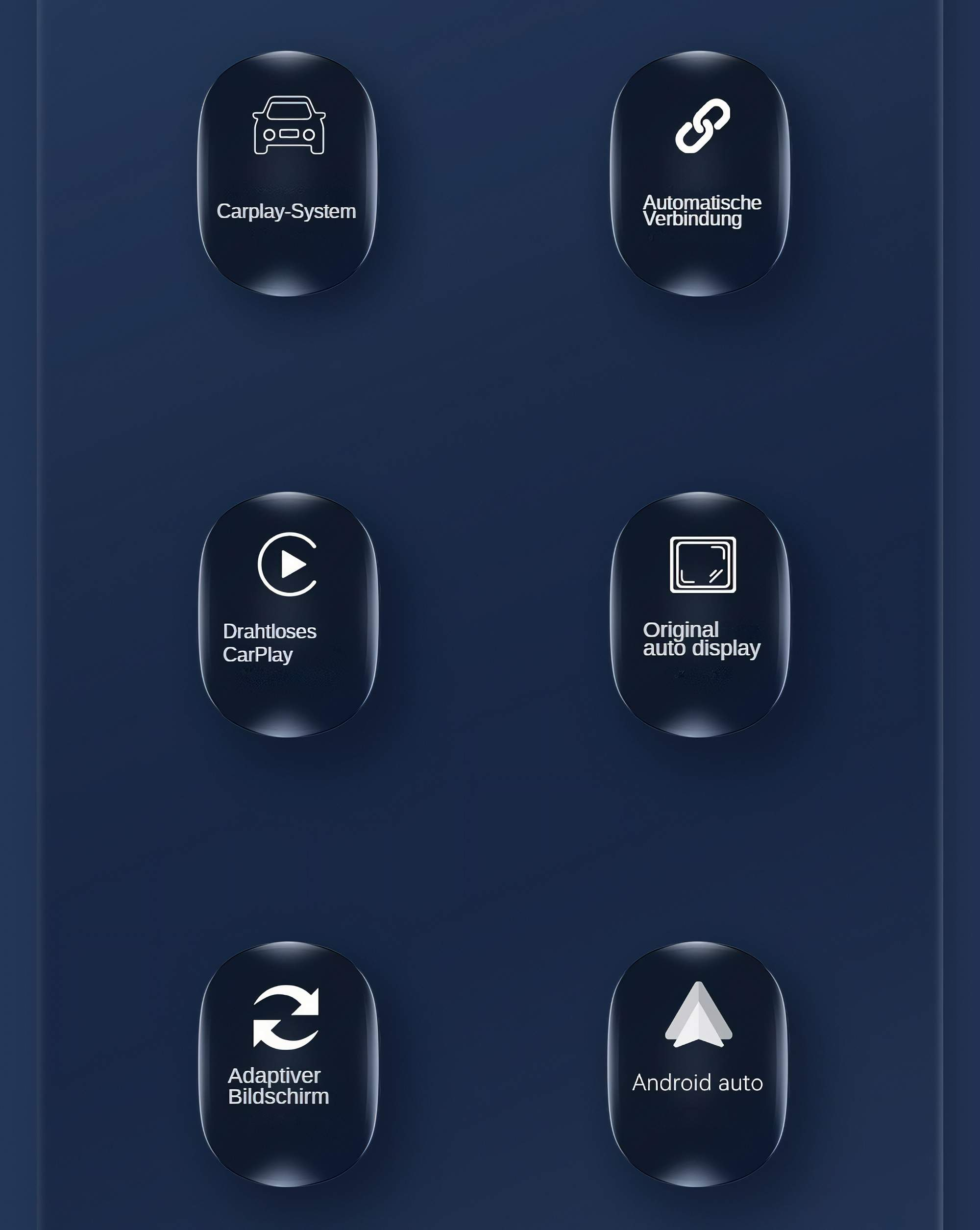 Interface-Buttons für ein Autosystem mit Symbolen: CarPlay, automatische Verbindung, Anzeige.