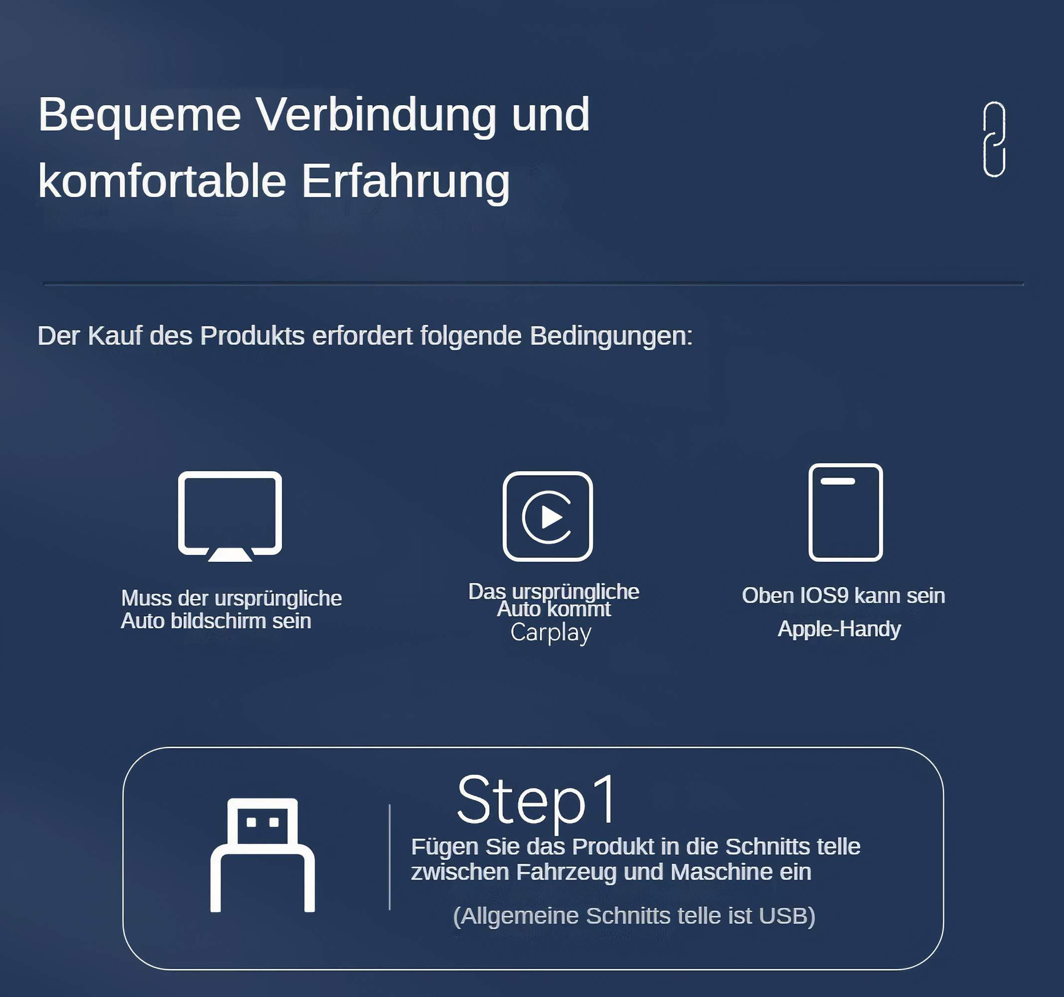 Das Bild zeigt die Schritte zum Anschließen eines Produkts an den USB-Anschluss eines Autos zur Verwendung.