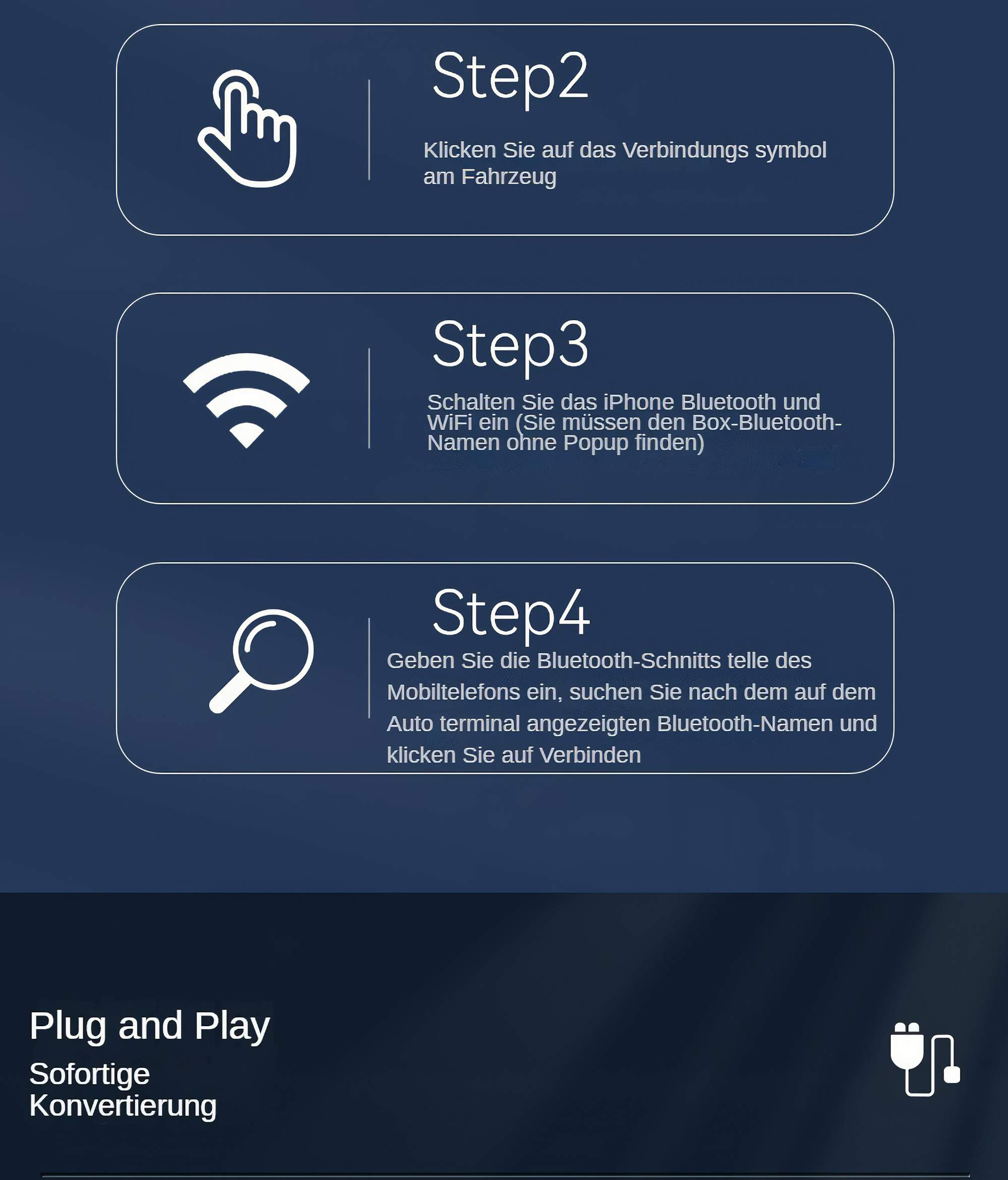 Anweisungen: Schritt 2: auf Verbindungssymbol klicken. Schritt 3: Bluetooth einschalten. Schritt 4: Code eingeben.