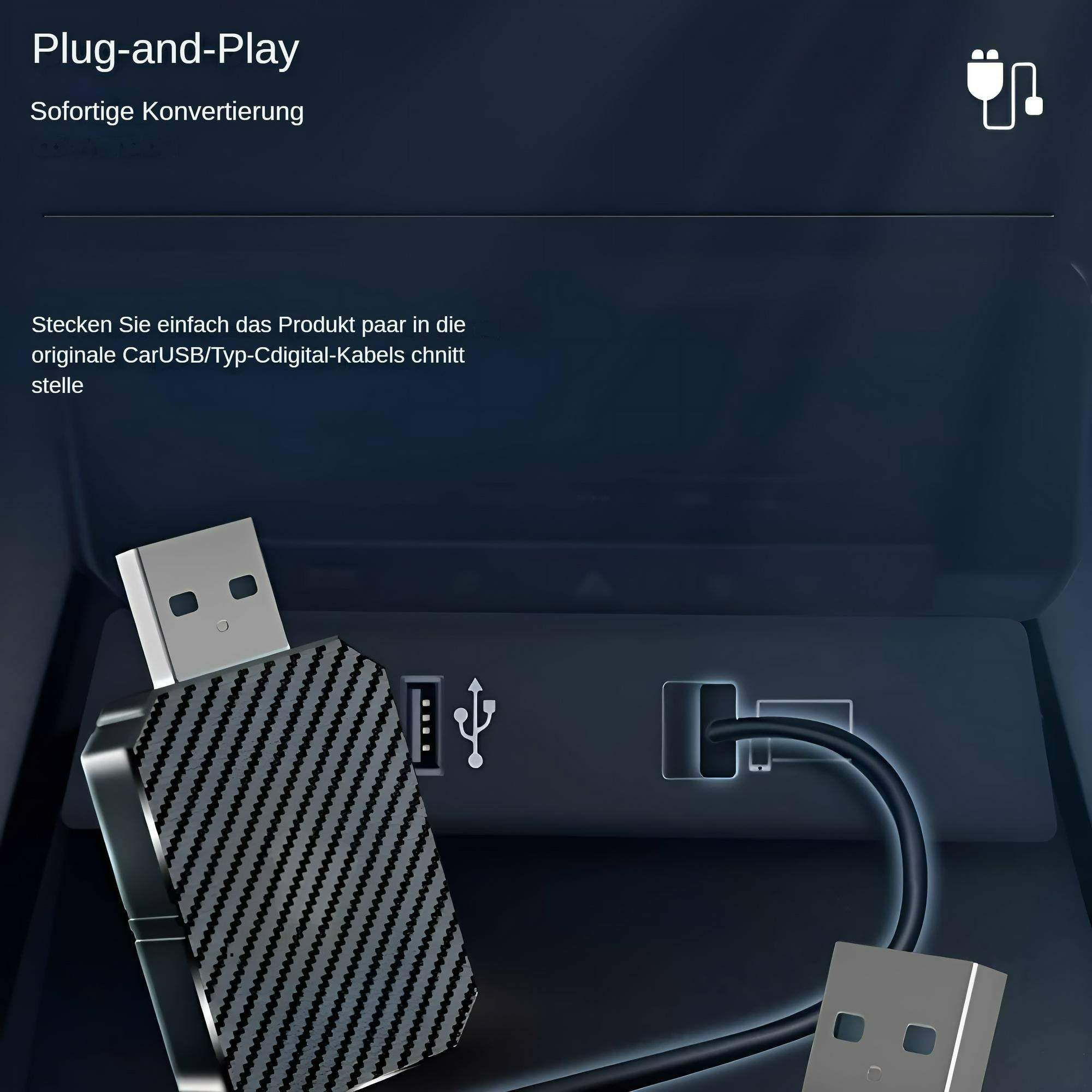 Ein USB-Adapter mit Karbonfasermuster ist an einen Anschluss eines Autosystems angeschlossen.