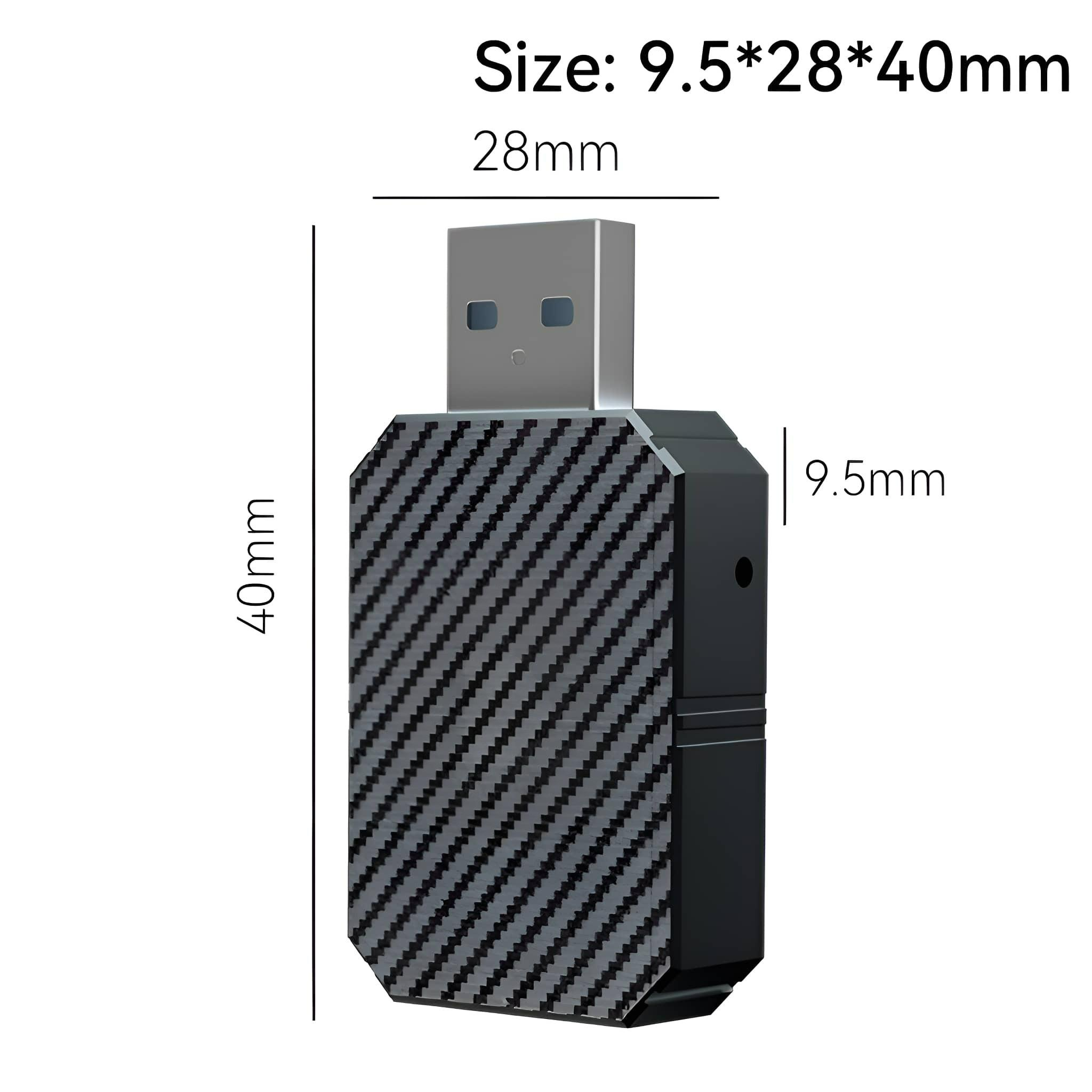 Diagramm, das einen USB-Adapter mit Abmessungen in mm zeigt: 40 mm x 28 mm x 9,5 mm.