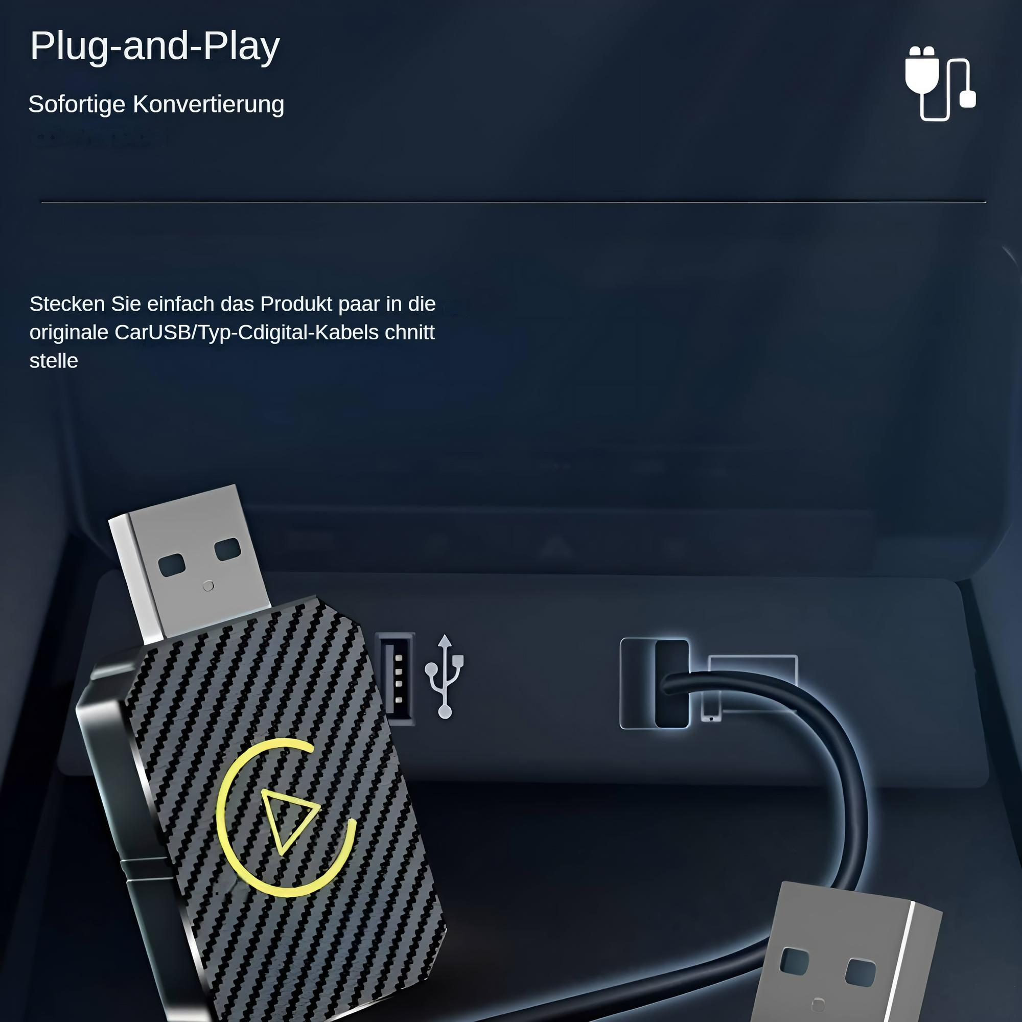 Ein USB-C-zu-USB-A-Adapter mit einem USB-Anschluss in einer Autokonsole.