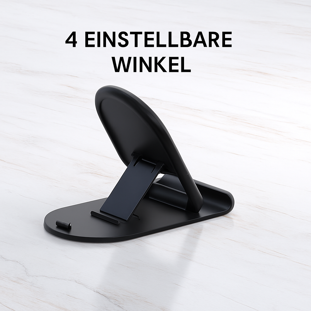 Schwarzer Ständer für ein Telefon. Der Ständer hat eine gebogene Oberseite und ein Stützbein.