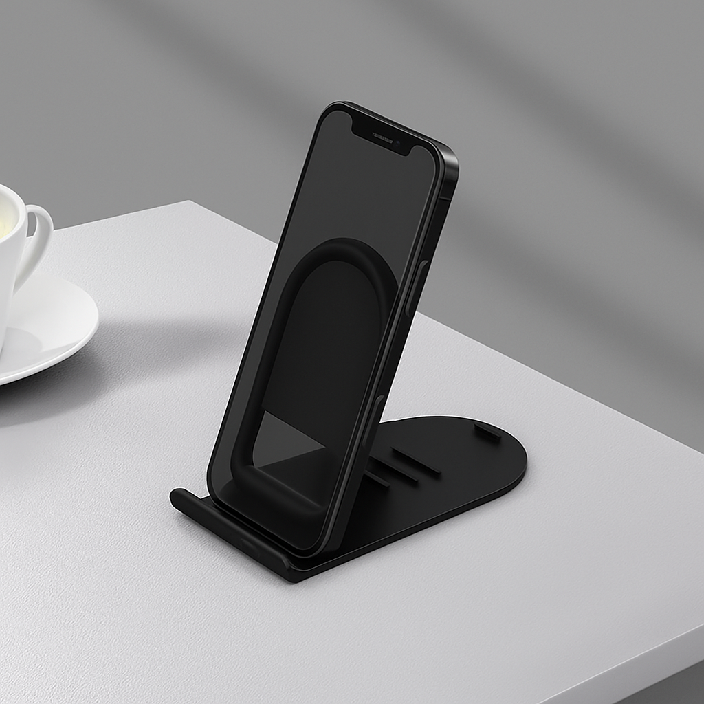 Ein schwarzer Telefonständer mit einem Telefon auf einem weißen Tisch.