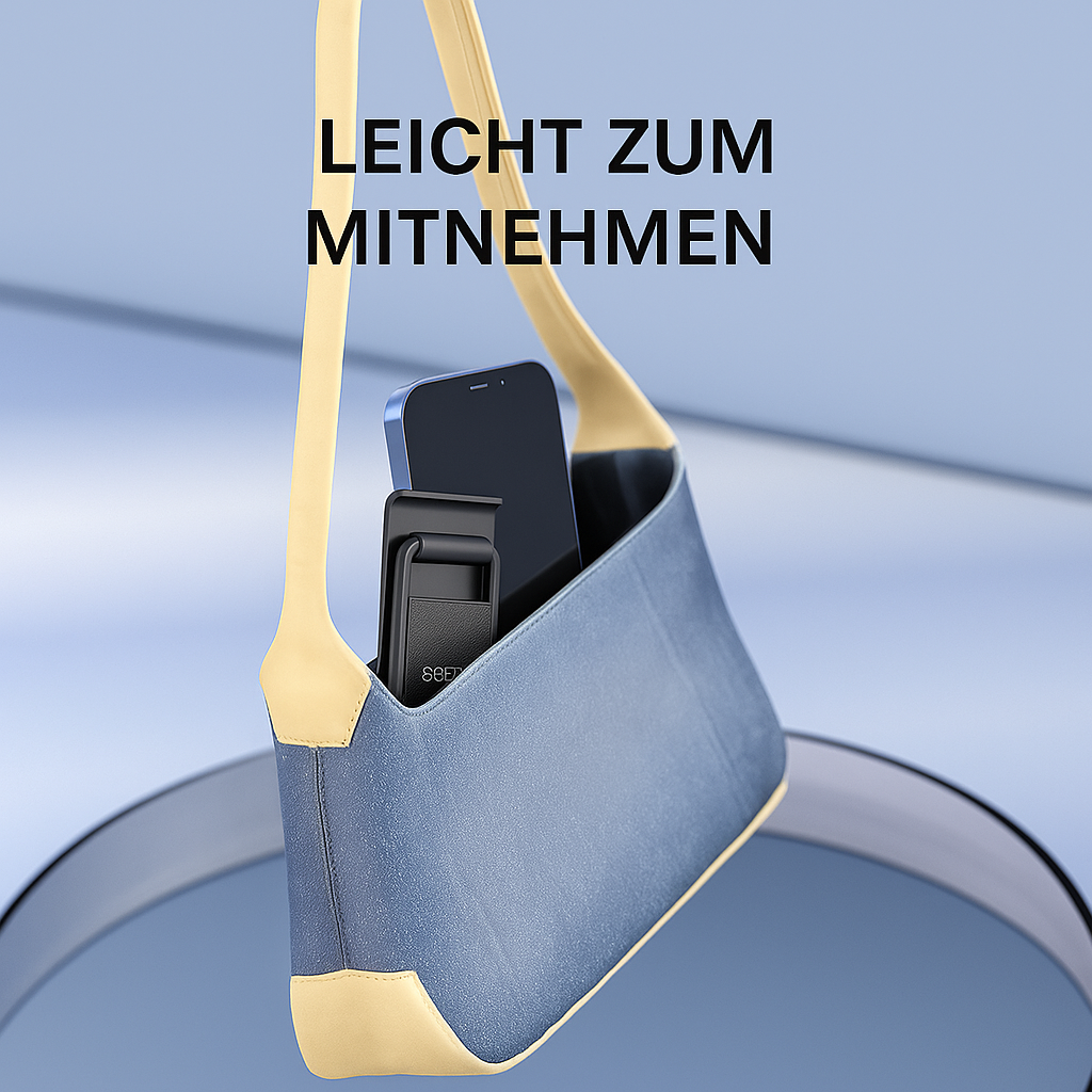 Eine blaue Tasche mit einem Telefon und einem Telefonständer. Die Tasche hat einen gelben Henkel.