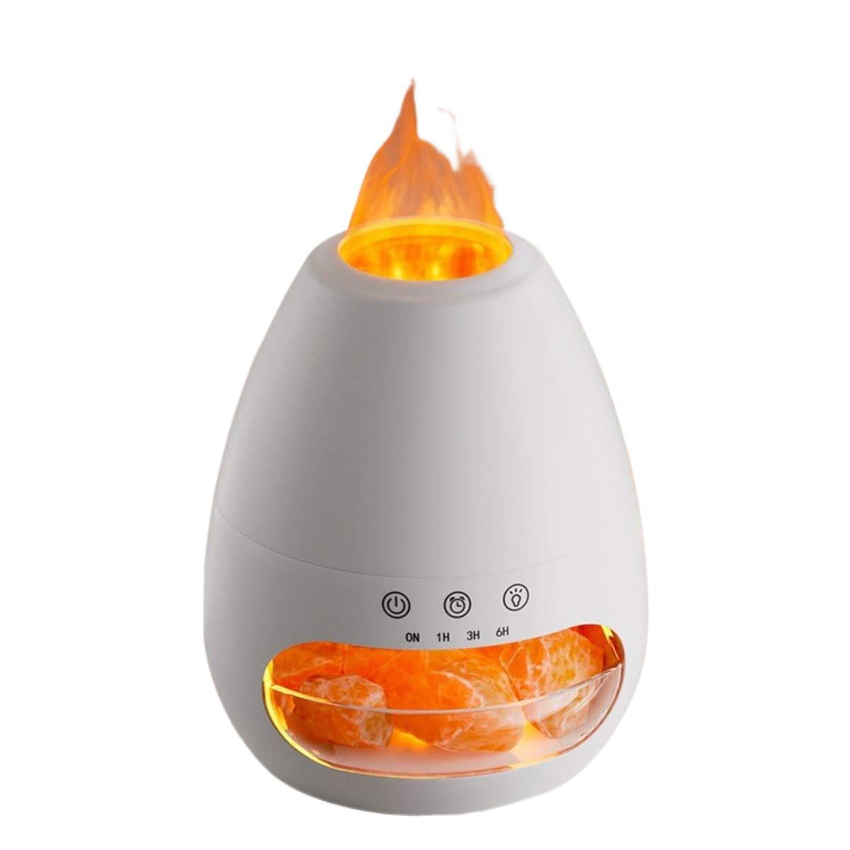 Ein weißer, eiförmiger Diffusor mit Flammeneffekt, mit Orangen darin.