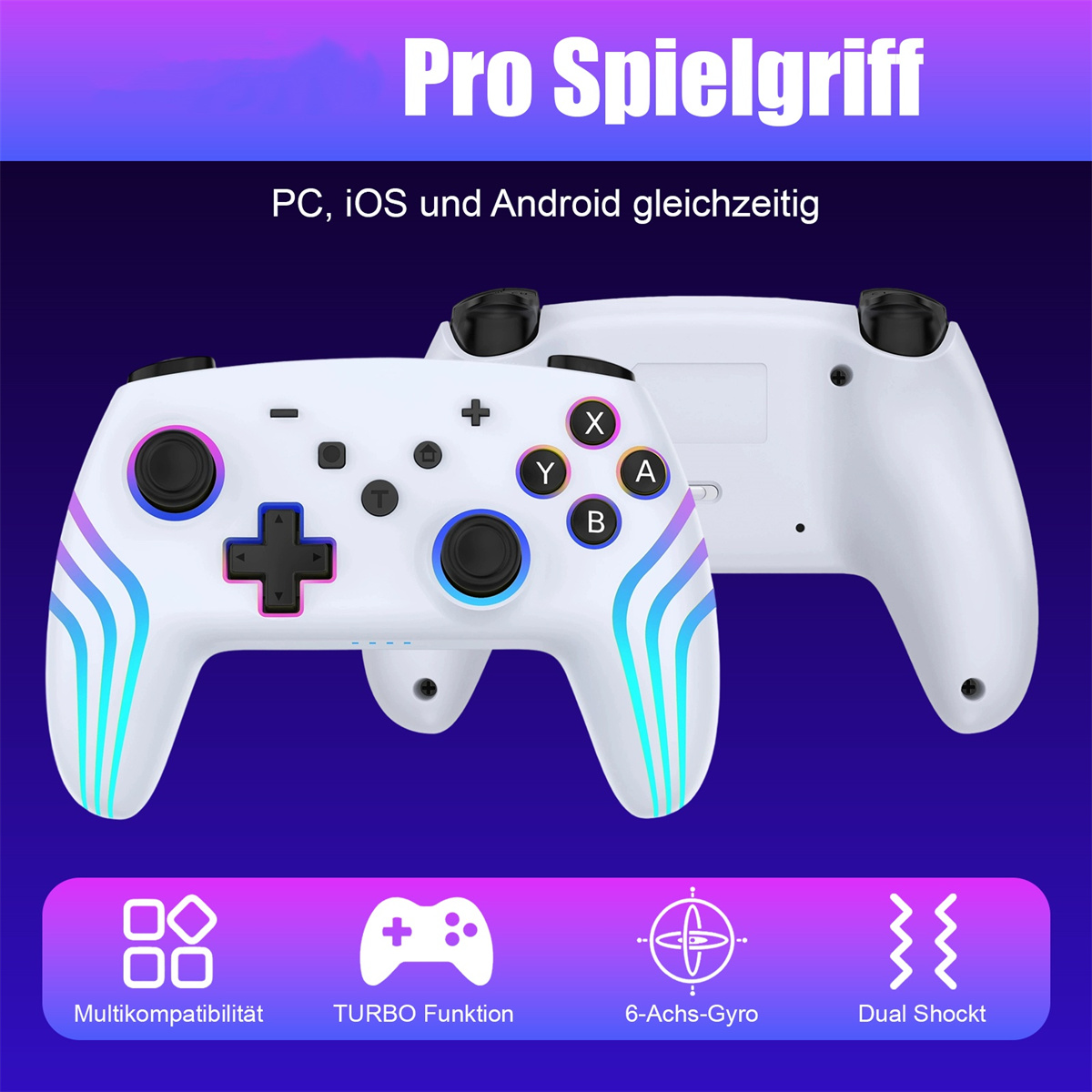 Weißer Gamecontroller mit Knöpfen. Text: Pro Spielgriff, PC, iOS und Android.