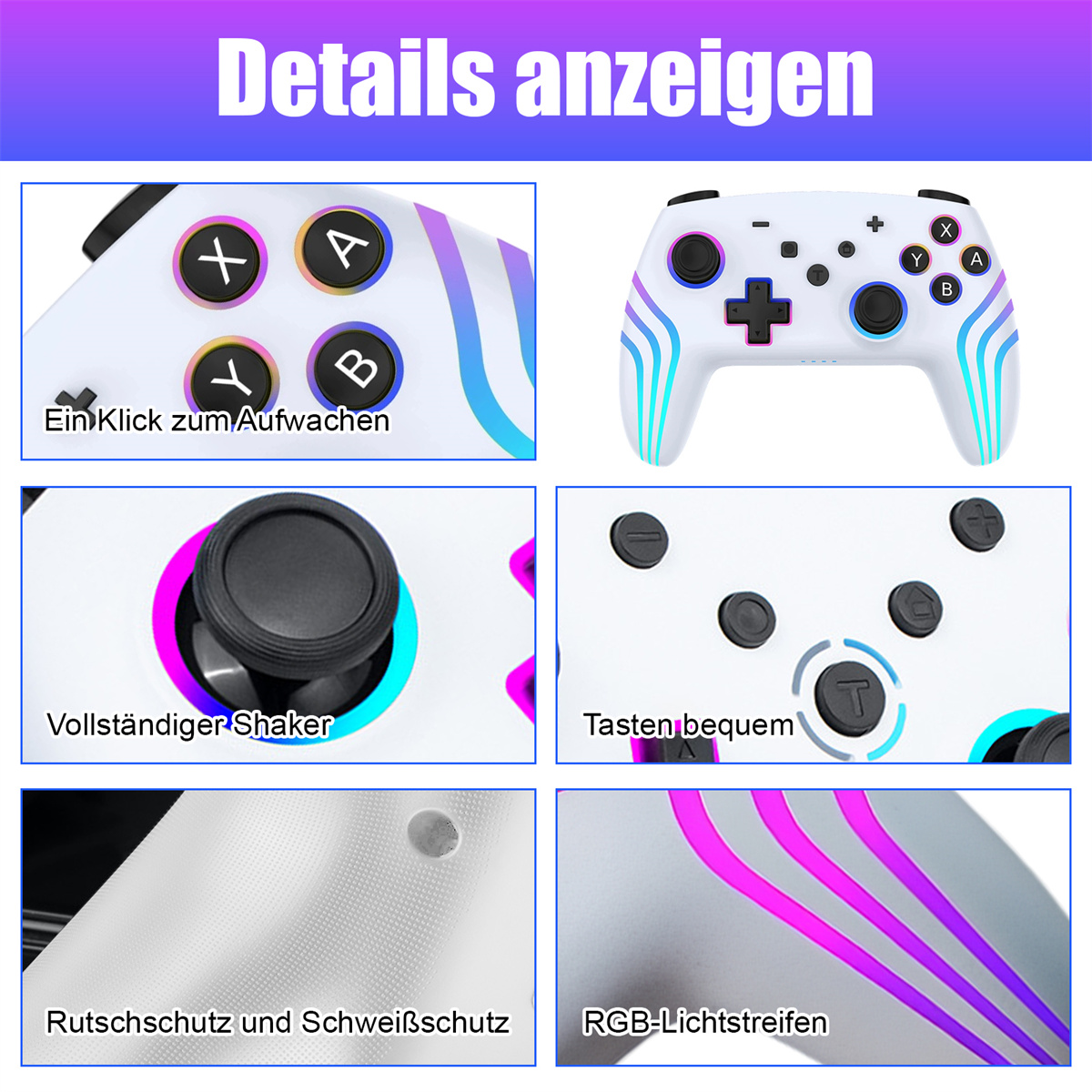 Nahaufnahme eines weißen Gamecontrollers mit detaillierten Ansichten von Tasten und Funktionen.