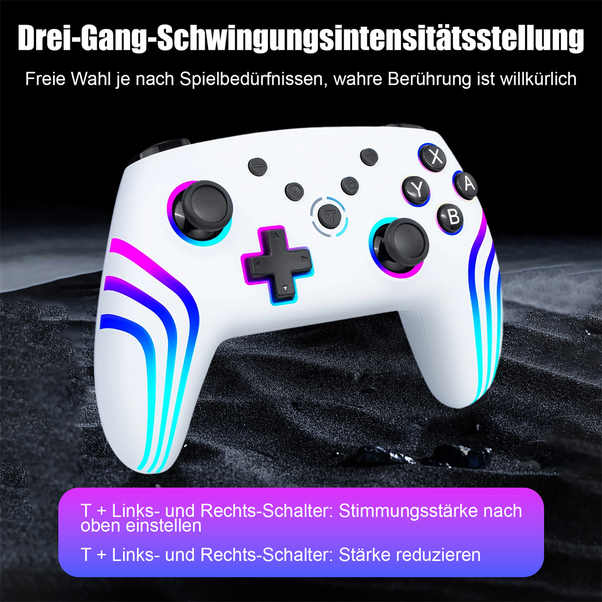Weißer Gamecontroller mit Knöpfen und einem Gradienten-Design.