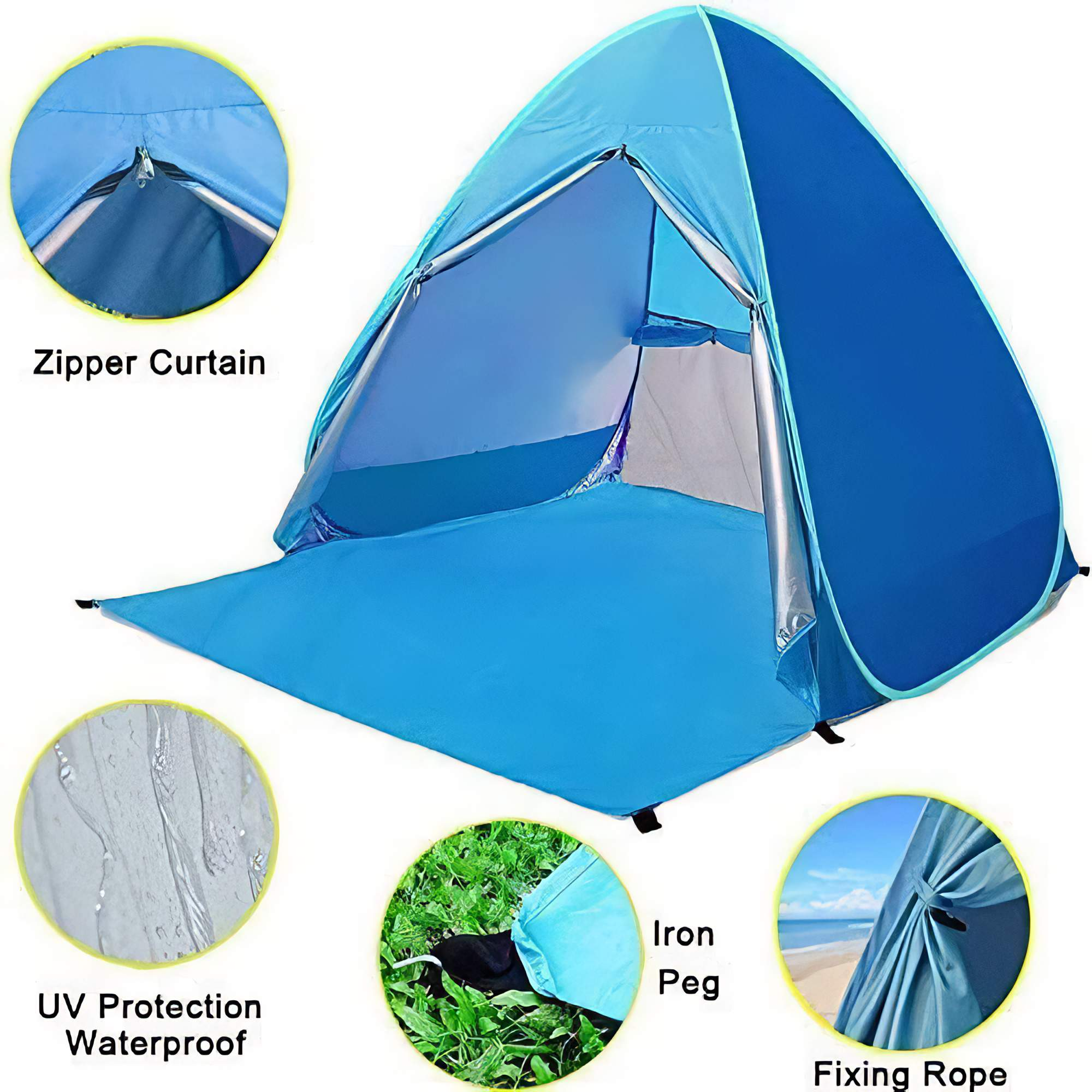 Blaues Pop-up-Strandzelt mit beschrifteten Merkmalen: Reißverschluss, UV-Schutz, Hering und Seil.