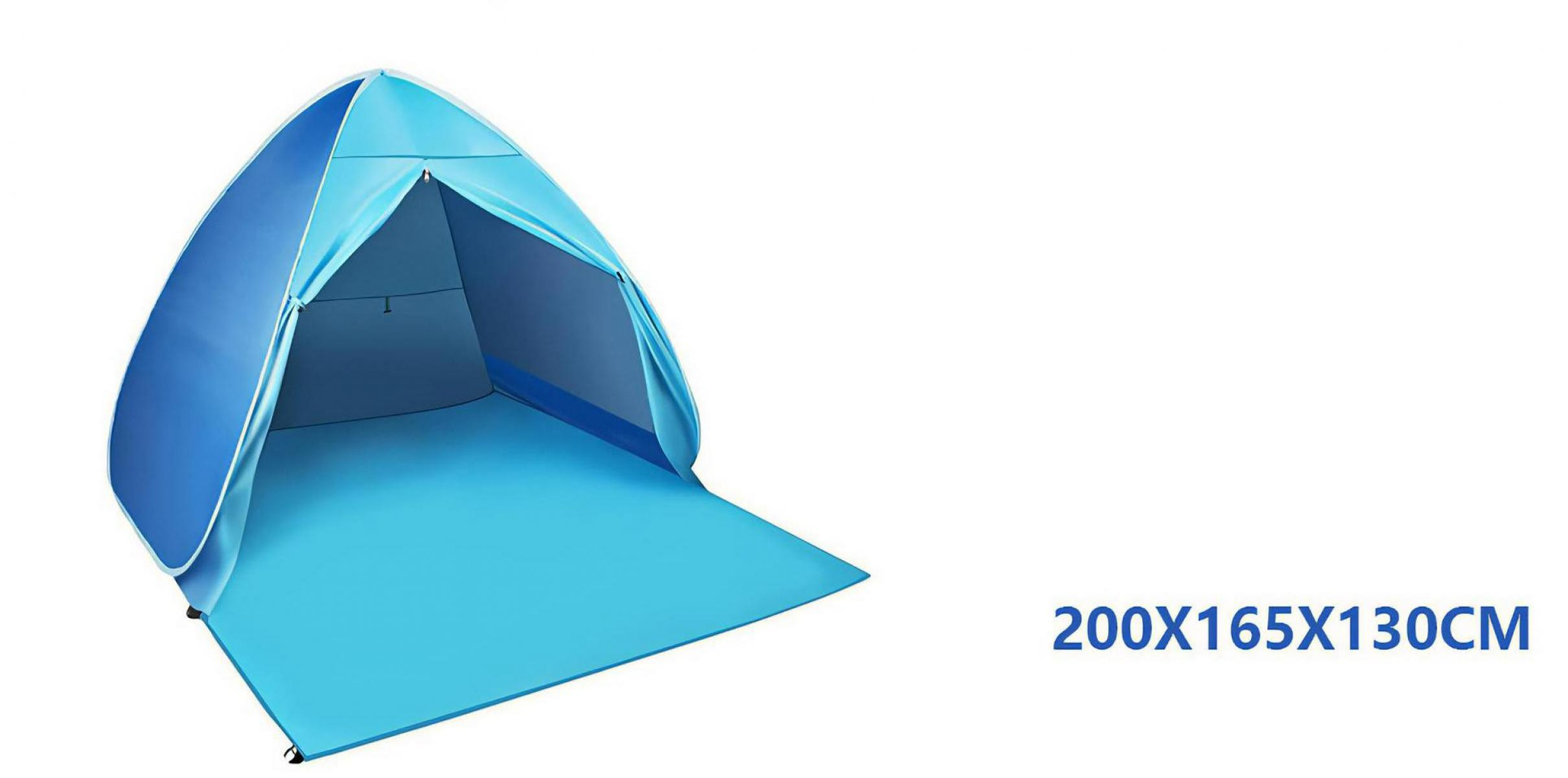 Blaues Pop-up-Strandzelt mit offener Front auf hellblauer Matte.