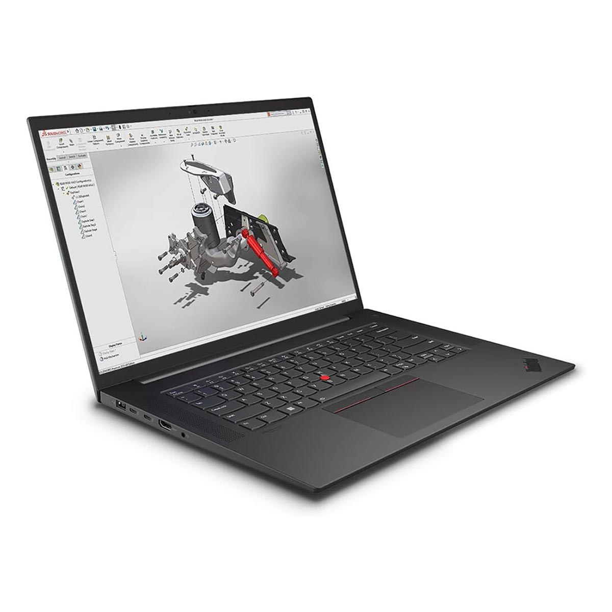 Laptop na białym tle pokazuje model 3D. Laptop jest otwarty i czarny.