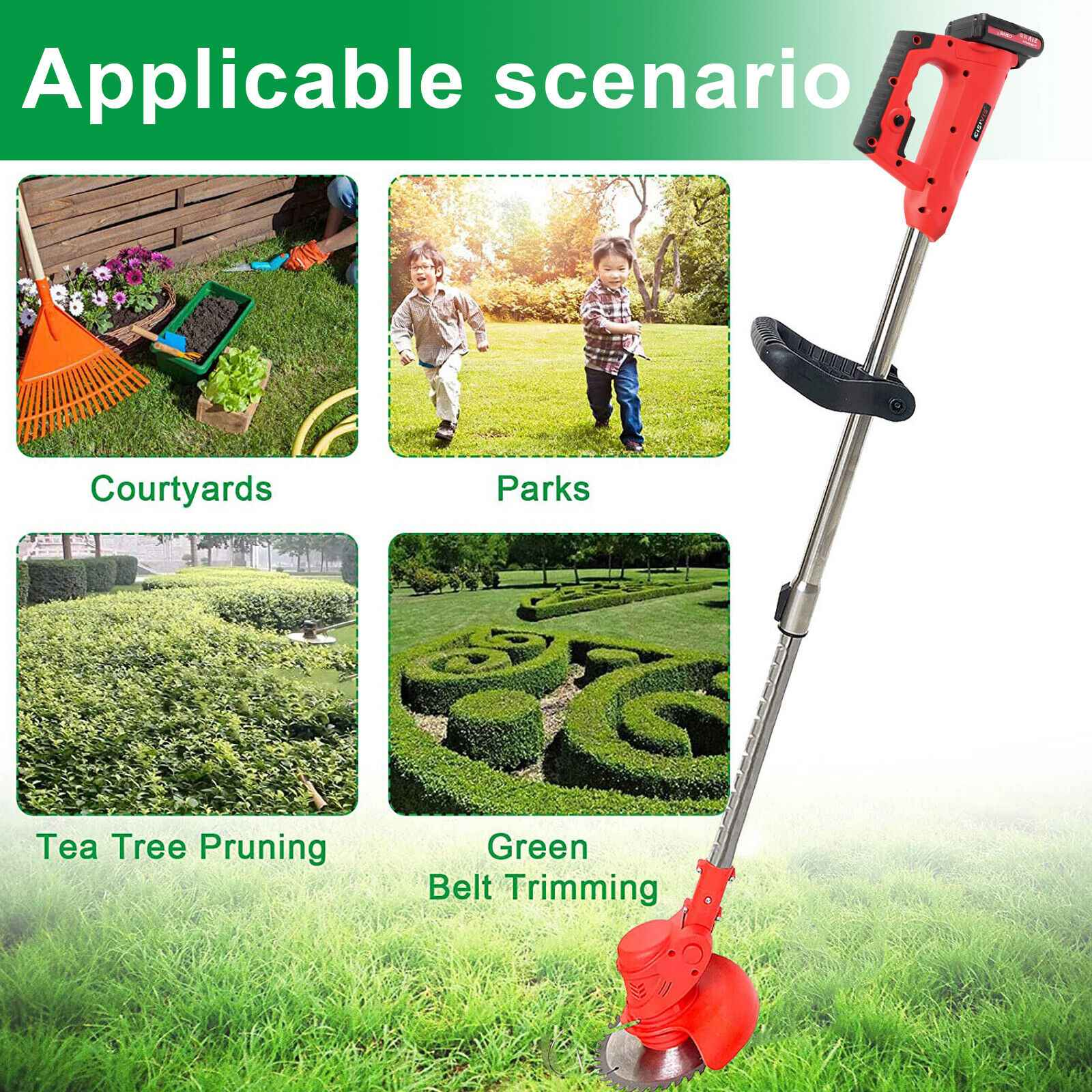 Anwendungsbereiche für einen roten Trimmer: Innenhöfe, Parks, Teebaum- und Grünstreifenbeschnitt.