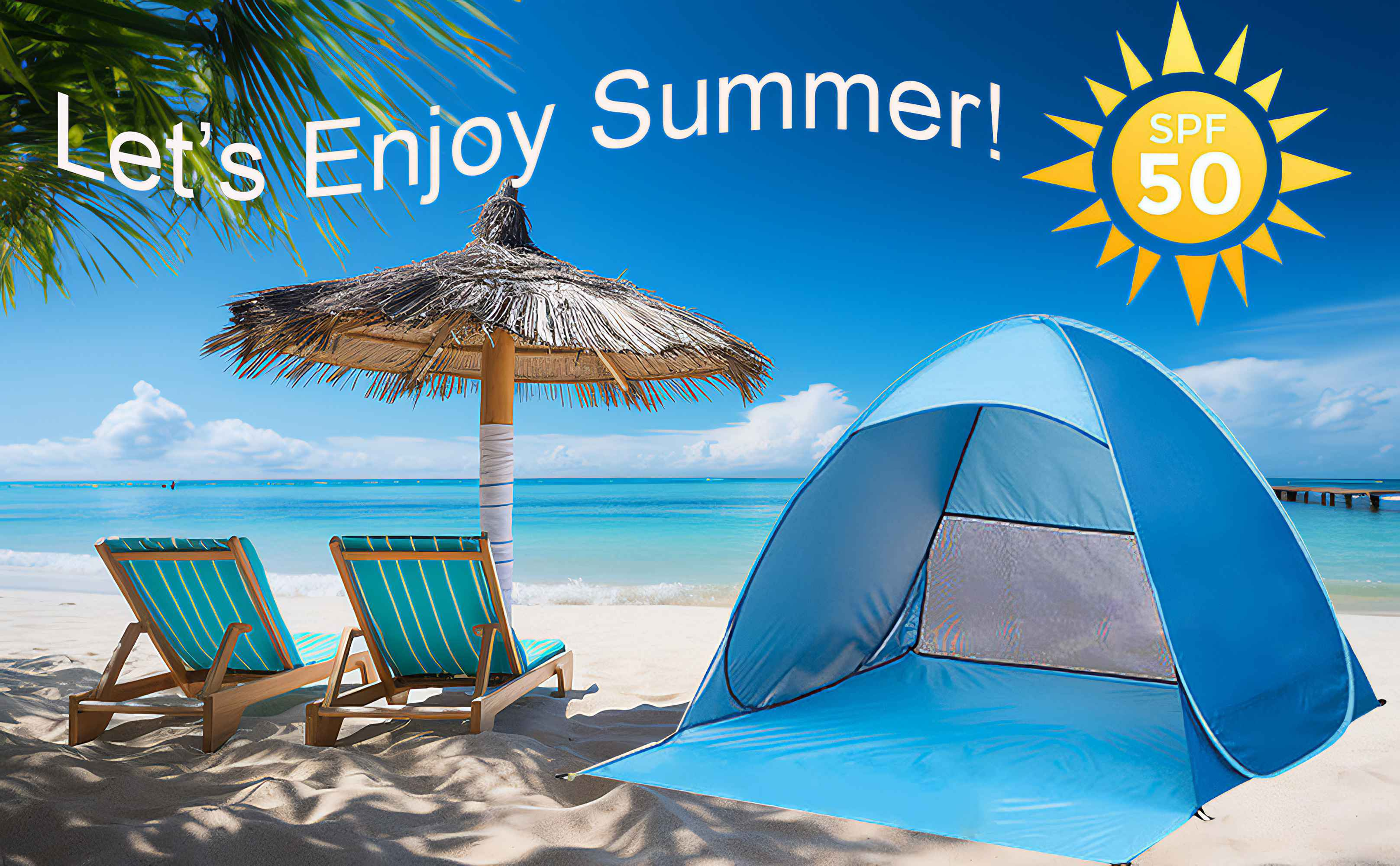 Strandszene mit Text 'Let's Enjoy Summer!' und einem Sonnensymbol. Enthält Stühle, Zelt und Meer.