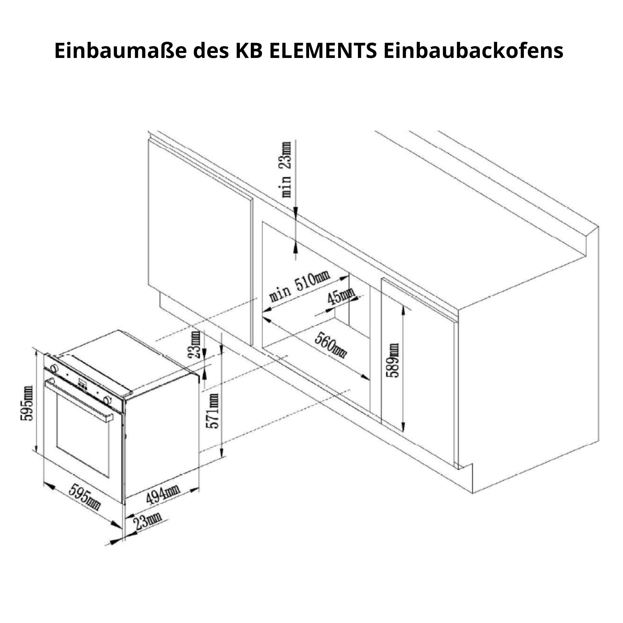 Diagramm mit den Abmessungen für den Einbau eines KB ELEMENTS Einbauofens.