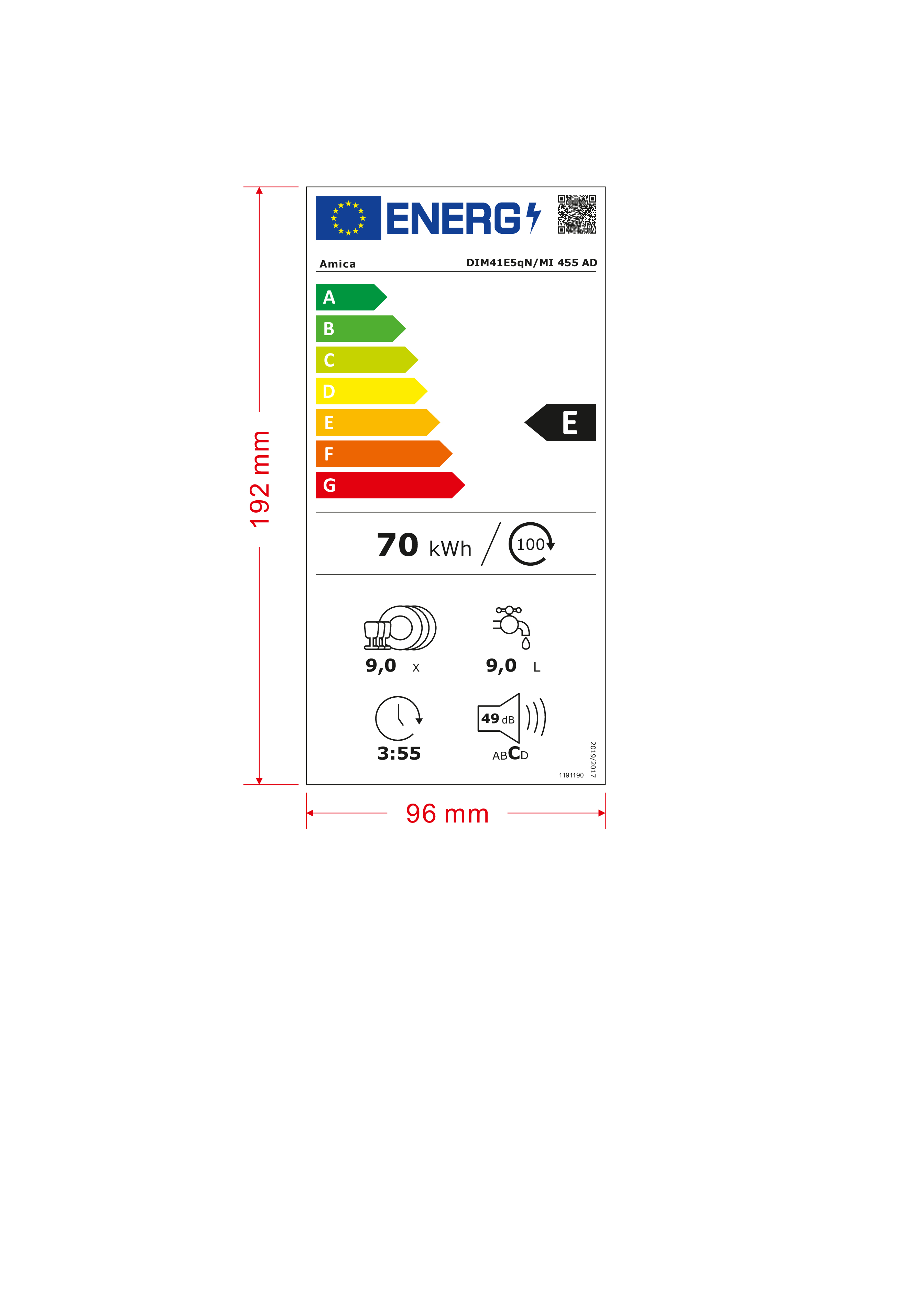 Etykieta energetyczna z danymi zmywarki, ocenami A-G, marką Amica i informacjami o zużyciu energii.