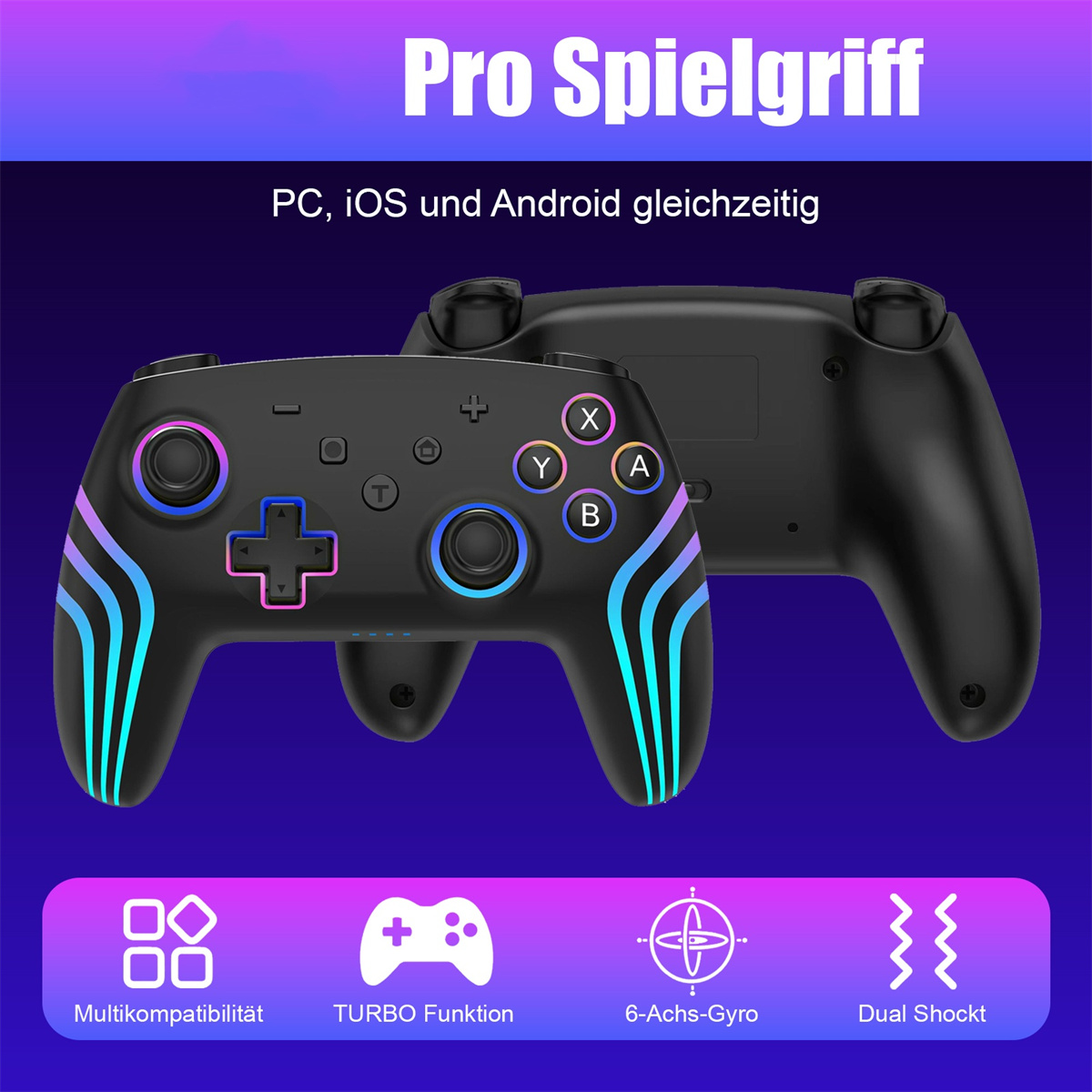 Ein Gamecontroller auf einem Tisch mit Knöpfen und anderen Symbolen.