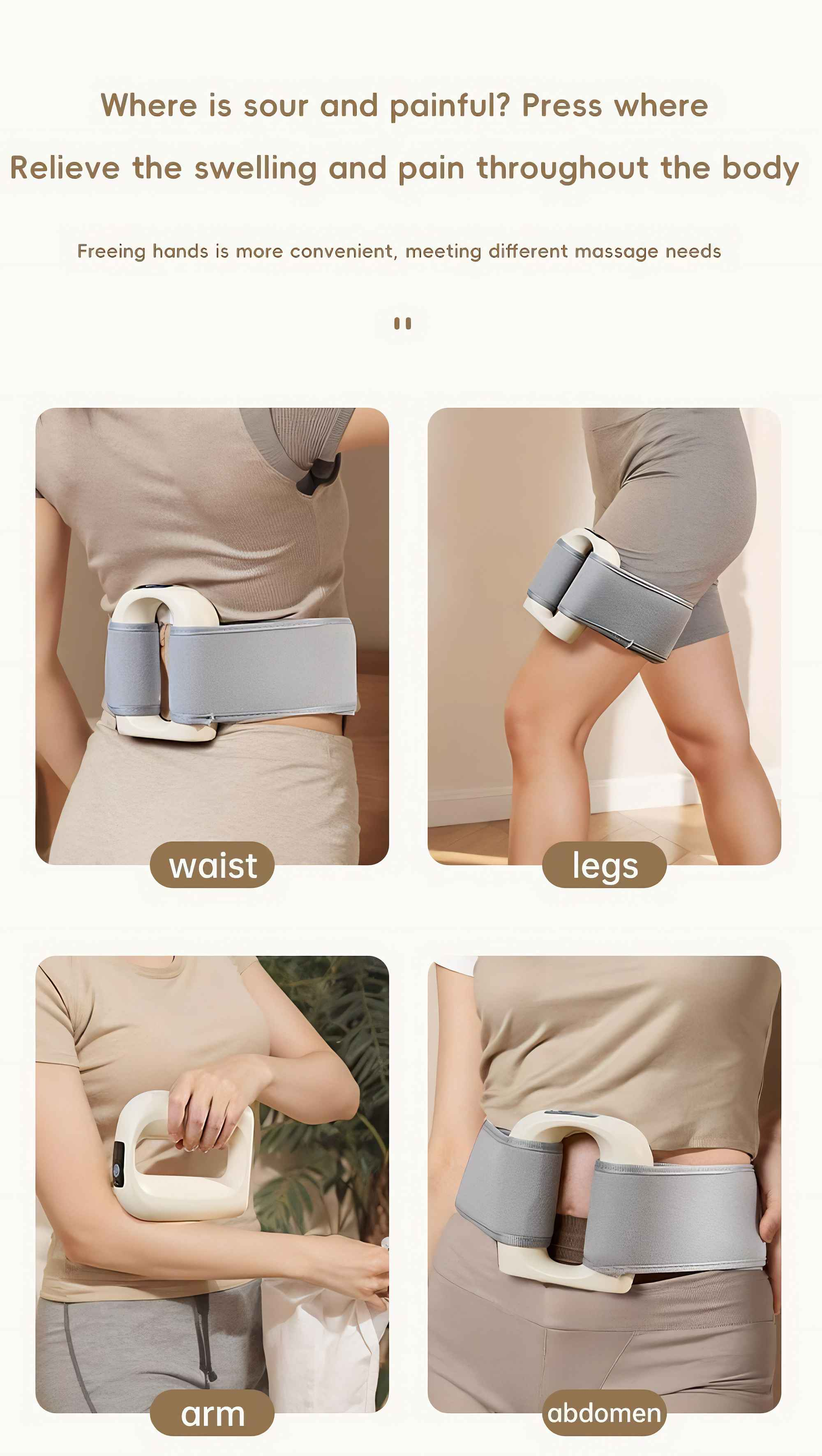 Massagegerät, das an verschiedenen Körperteilen verwendet wird, einschließlich Taille, Beine, Arm und Bauch.