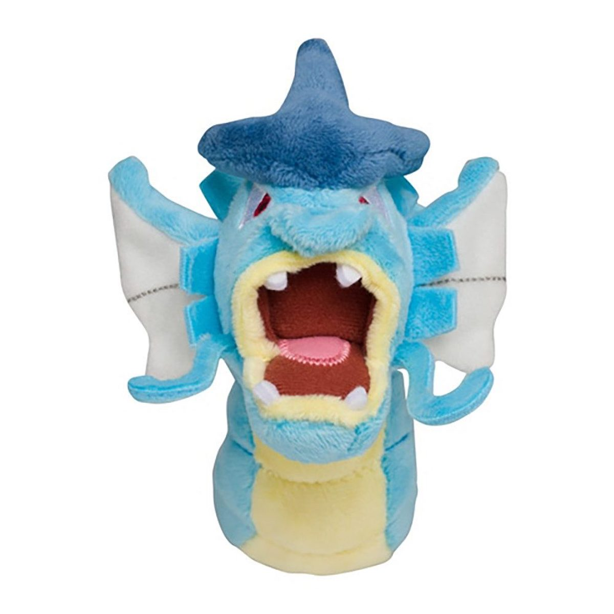 Ein Plüschtier eines blauen Drachen-Pokémon mit offenem Maul, das auf einem weißen Hintergrund nach vorne zeigt.