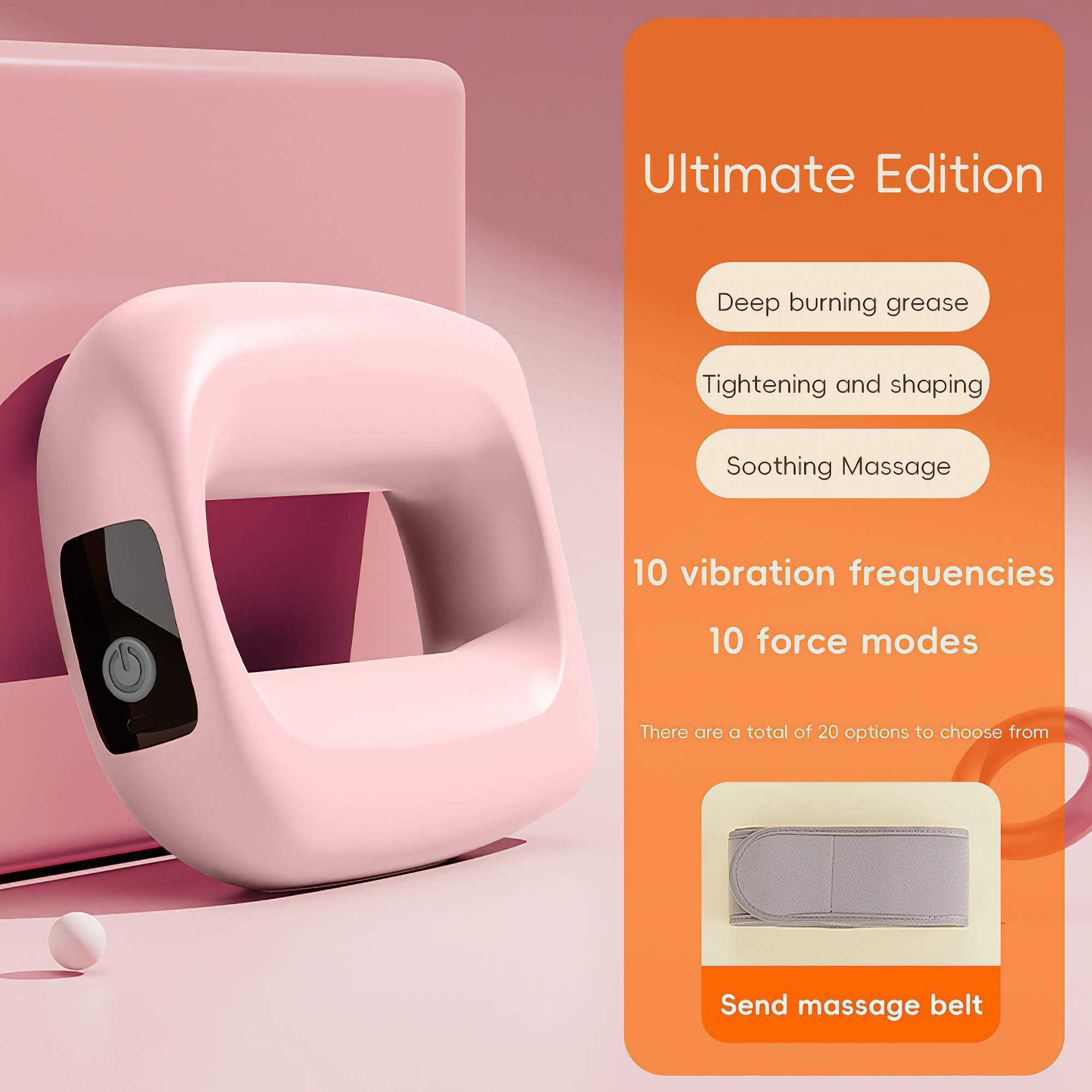 Rosa Massagegerät mit Text und Symbolen für Funktionen wie Fettverbrennung und Massagegürtel.