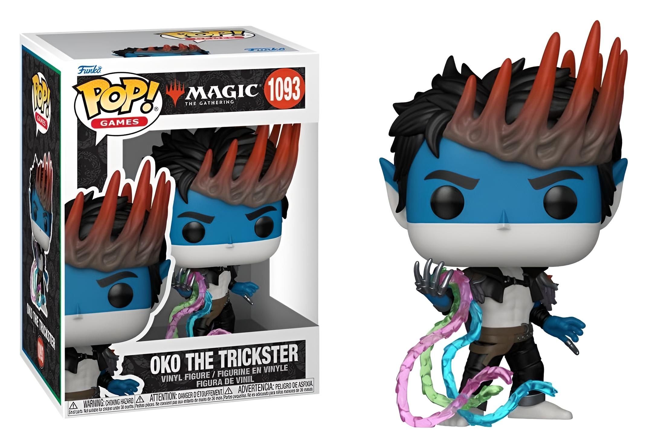 Figura Funko Pop: Oko the Trickster, pelle blu, corna, capelli neri, che tiene nastri colorati, in scatola.