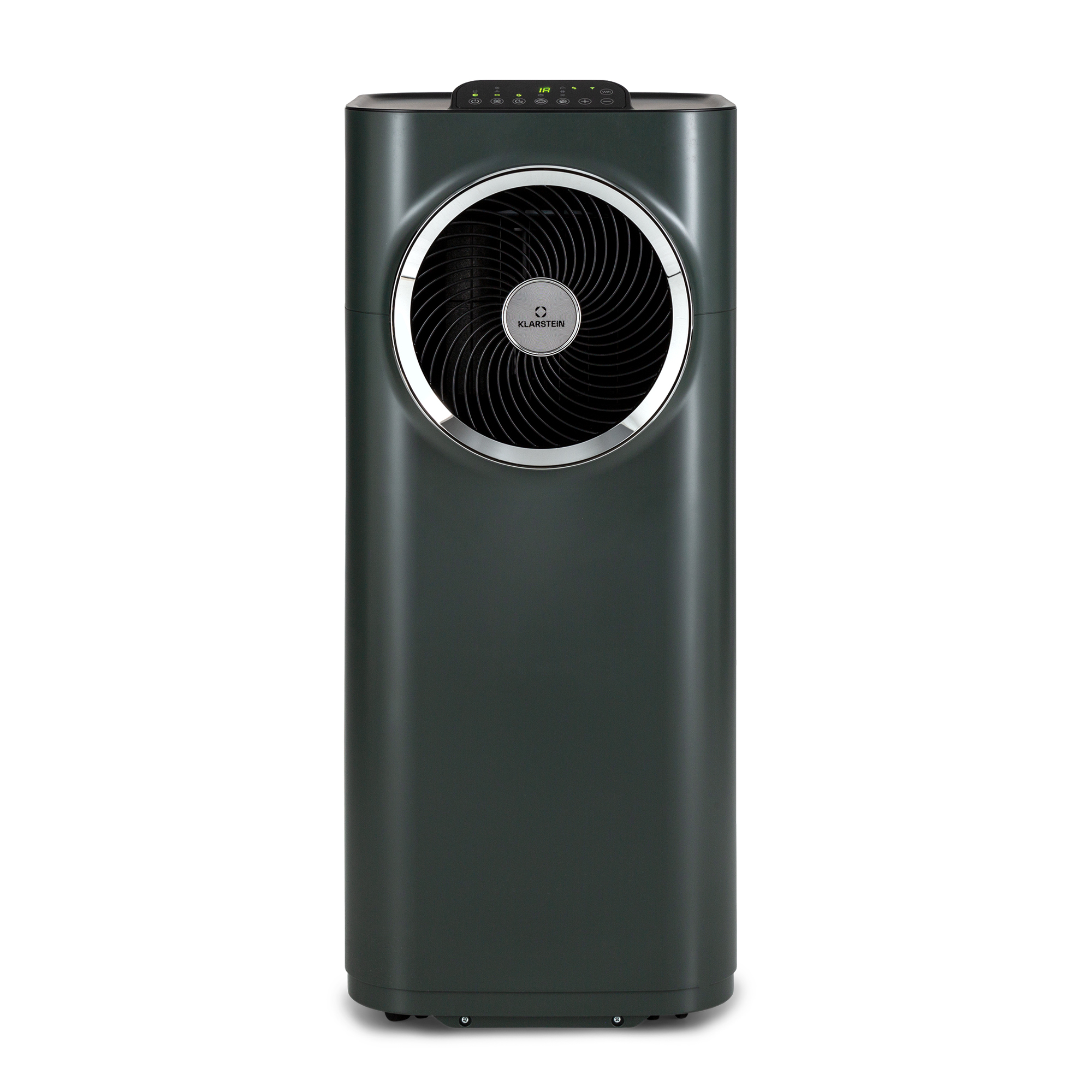 Un condizionatore d'aria grigio scuro con ventola rotonda e display digitale.