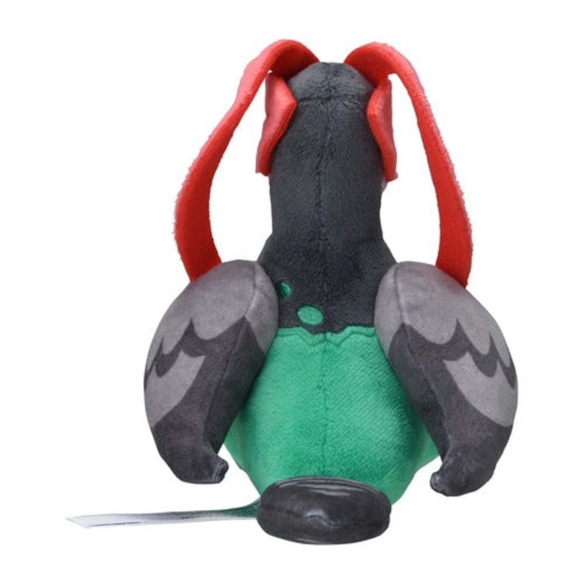 Ein Plüschvogel mit rotem Kamm, grauen Flügeln und grünem Brustbereich, von hinten.