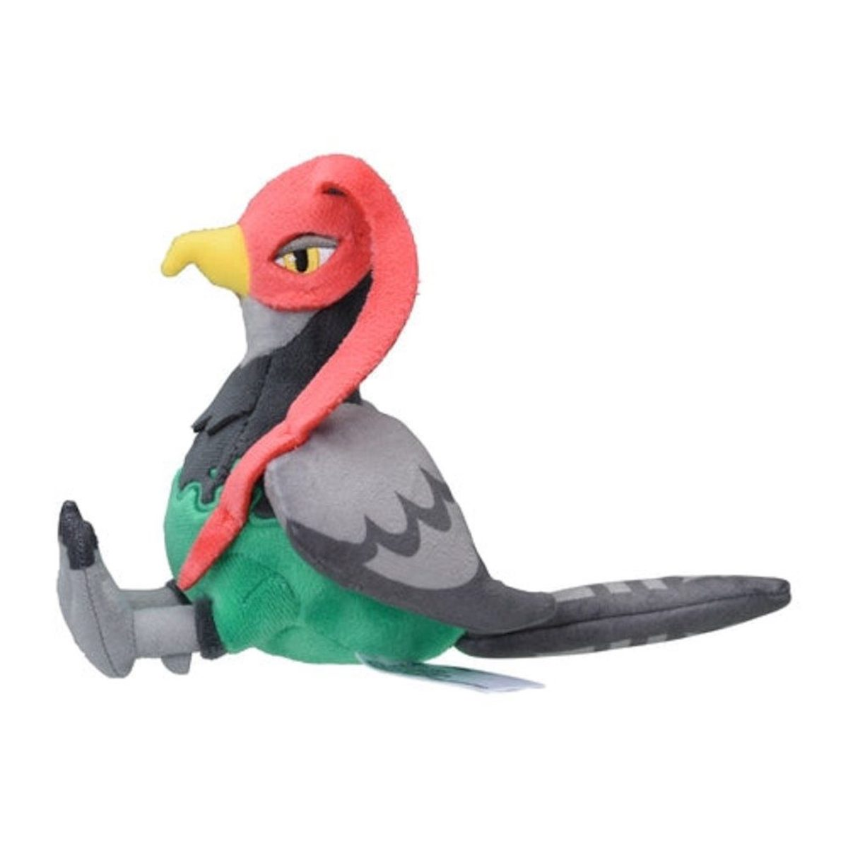 Ein Plüschvogel mit rotem Kopf und Kamm, gelbem Schnabel und grauen Flügeln.