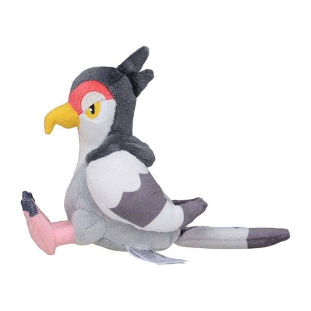 Ein Plüschvogel-Spielzeug mit grauen, weißen und roten Farben. Es hat einen gelben Schnabel und sitzt.