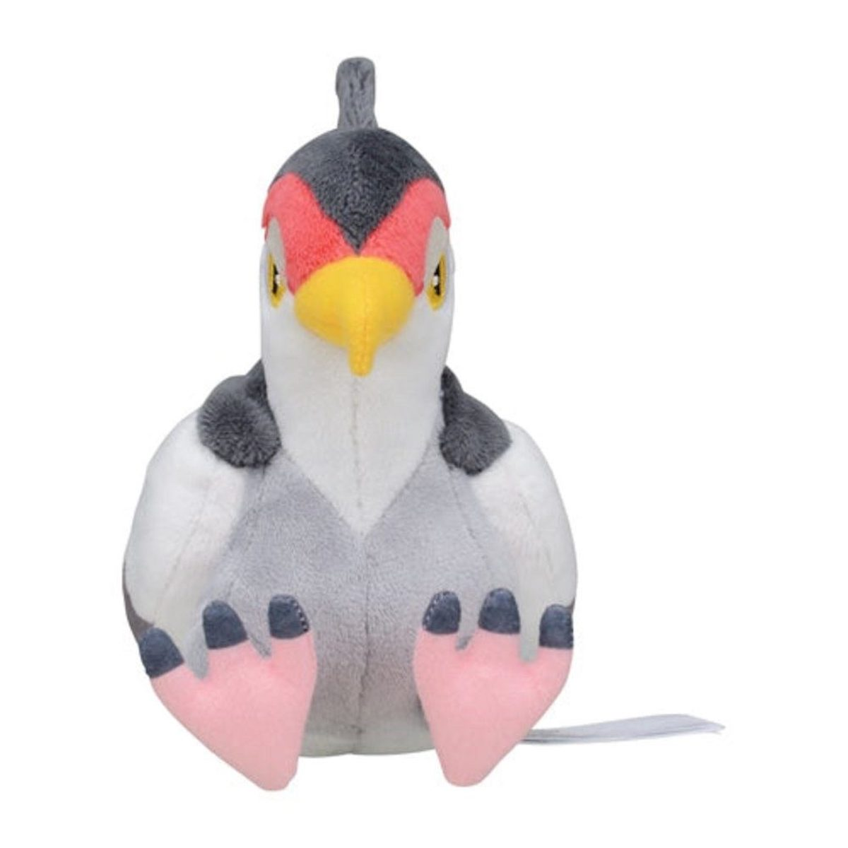 Plüschvogelspielzeug mit weißem Körper, grauen Flügeln, roter Maske, gelbem Schnabel und rosa Füßen. Es sitzt.