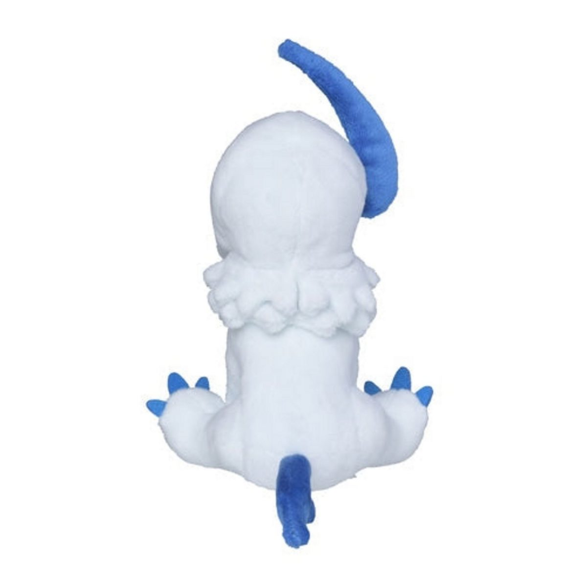 Ein weißes Plüschtier mit blauen Akzenten. Es hat ein gebogenes blaues Horn und sitzt.