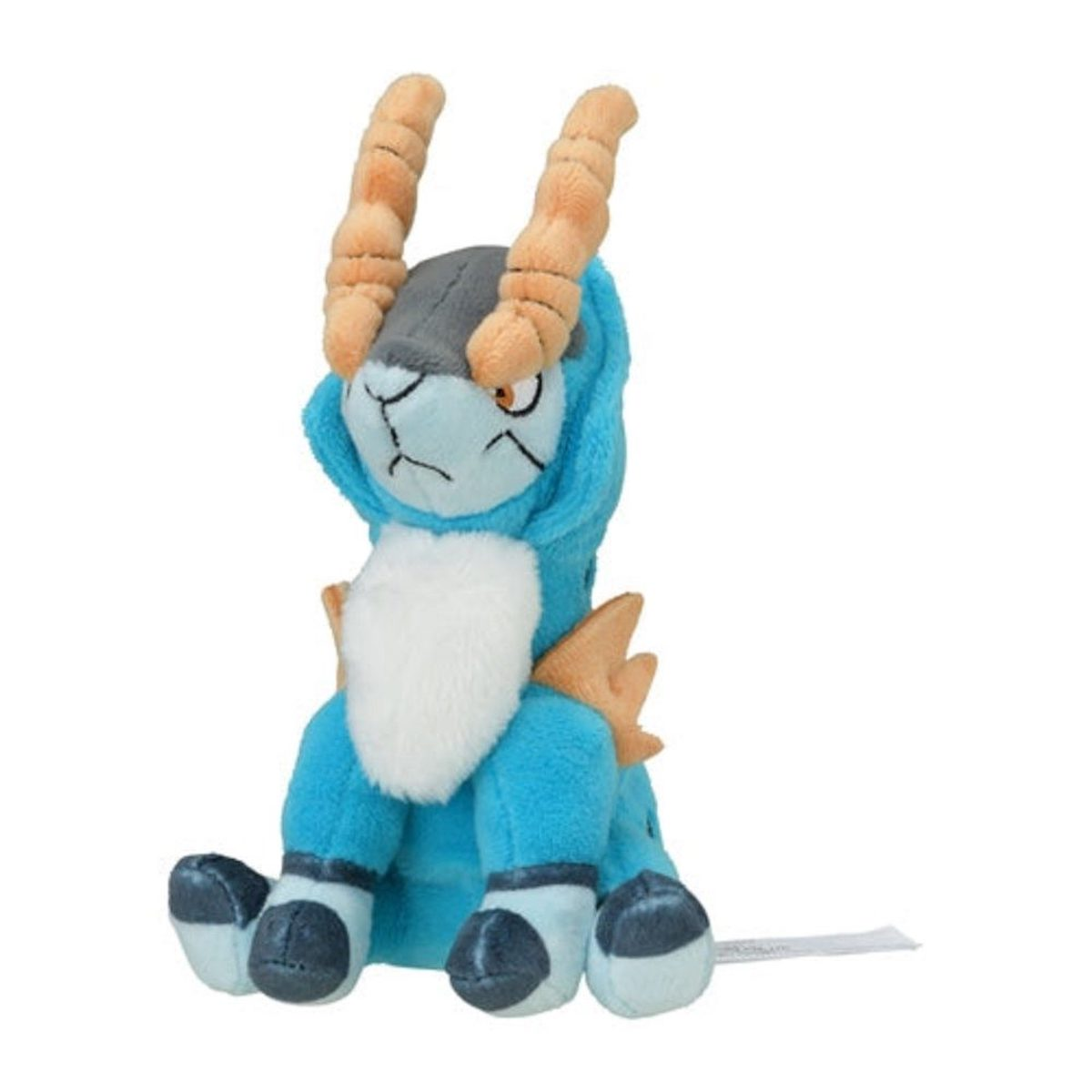 Ein blaues und weißes Plüschtier eines Pokémon mit orangenen Hörnern.