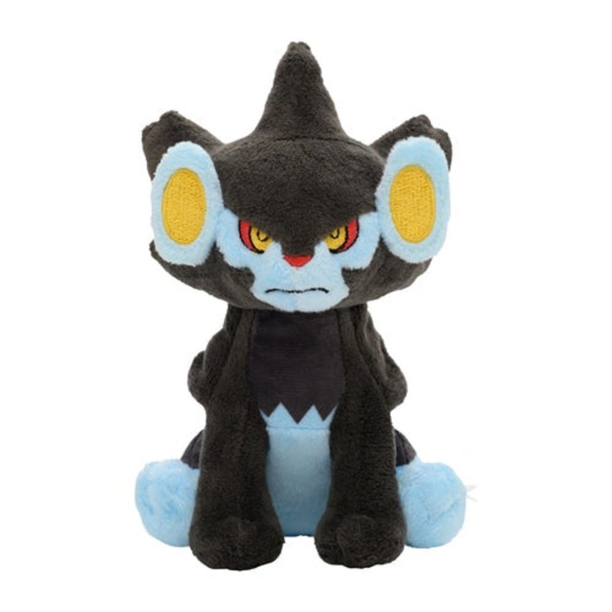 Ein schwarz-blaues Plüschtier einer katzenartigen Kreatur mit gelben Ohren und Augen, auf weißer Oberfläche.