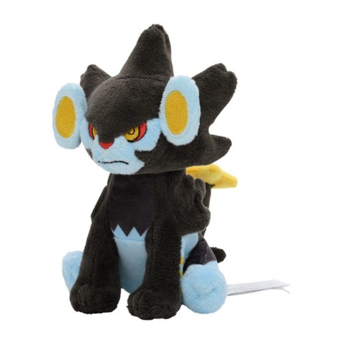 Ein Stofftier-Luxray-Pokémon. Schwarzer Körper, blaues Gesicht und gelbe Ohren, aufrecht sitzend.